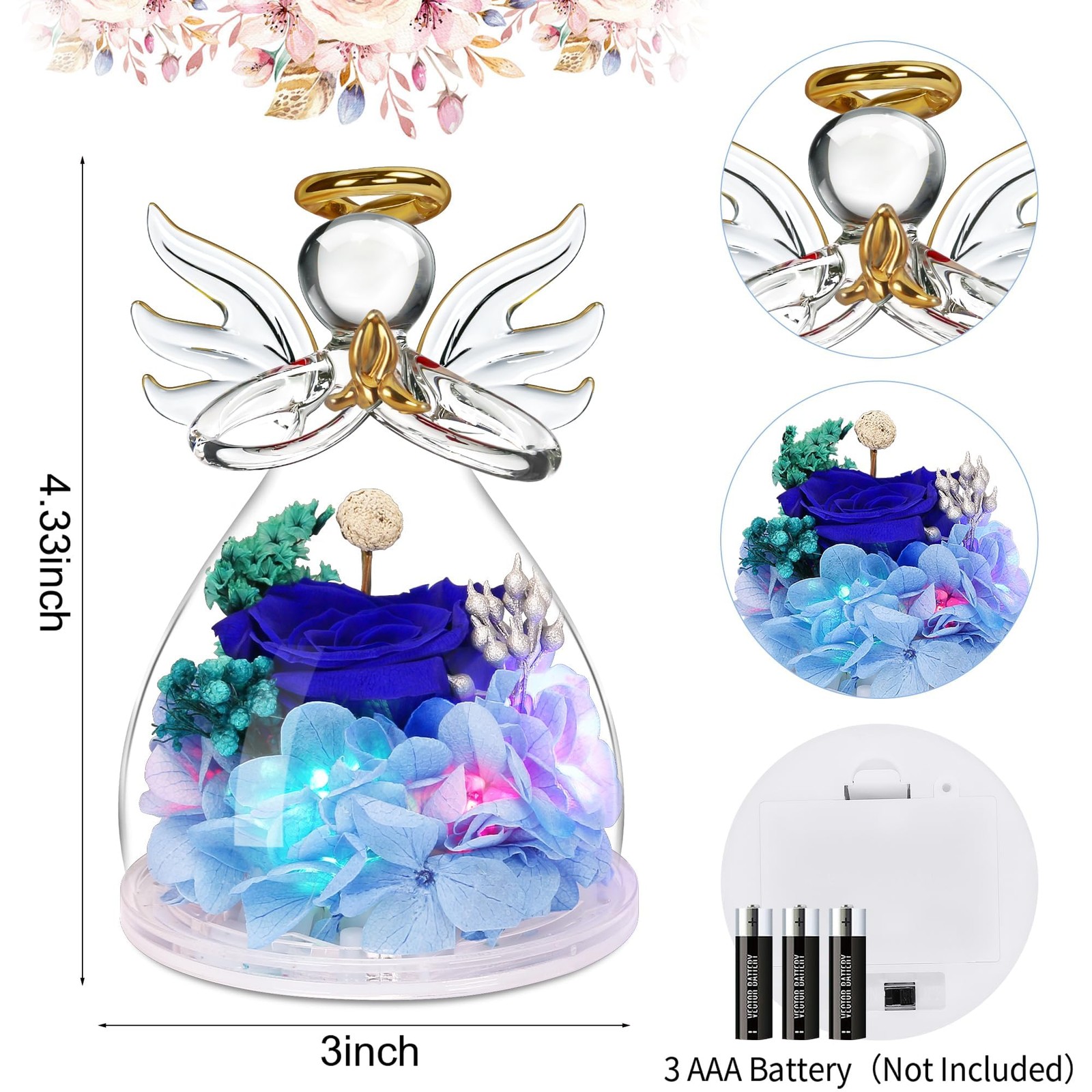 Mothers Day Gifts Fresh Preserved Flowers In Angel Figurine Light Up Blue Decor