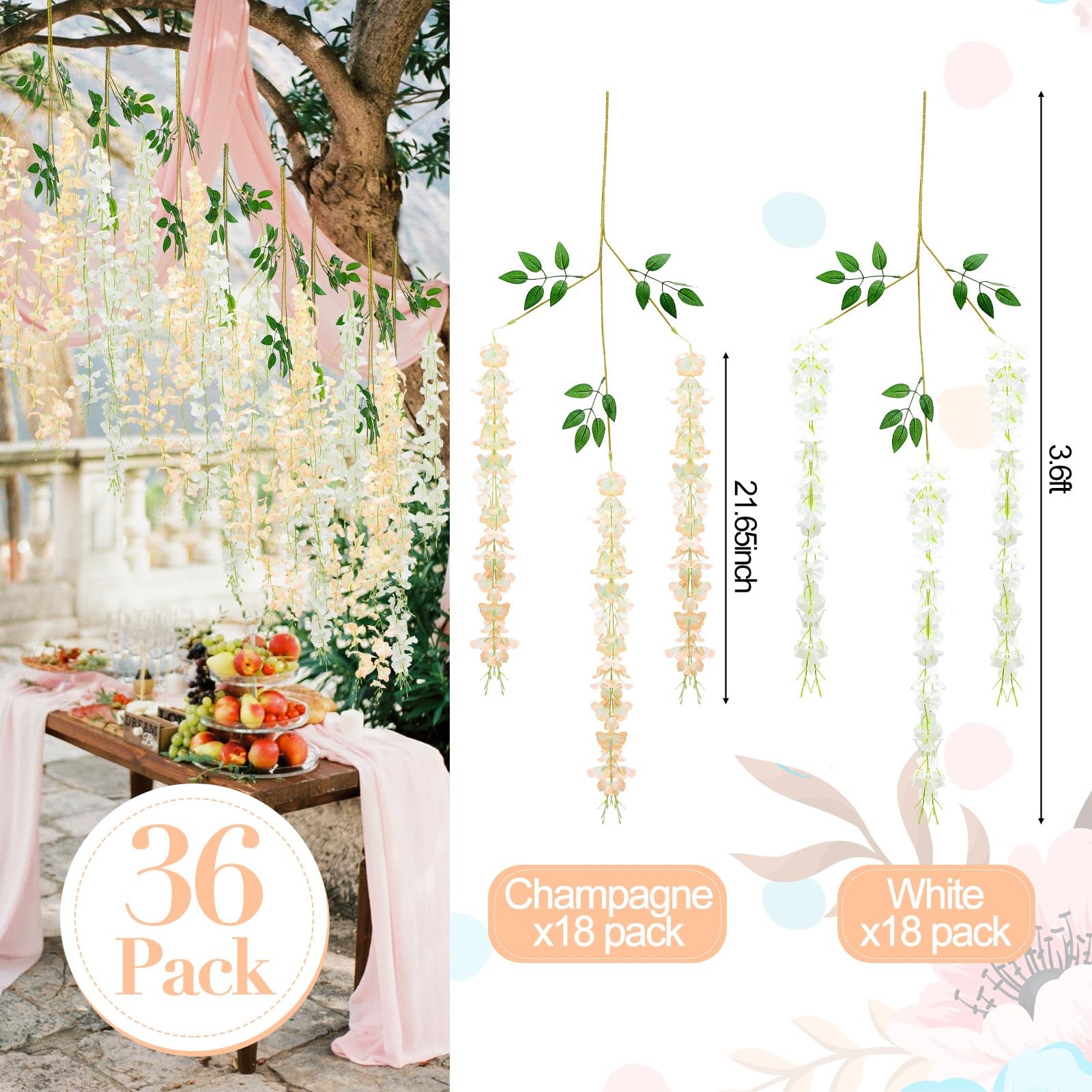 36 Pcs Artificial Wisteria Hanging Flowers 3.6 ft Artificial Fake Wisteria Vi…