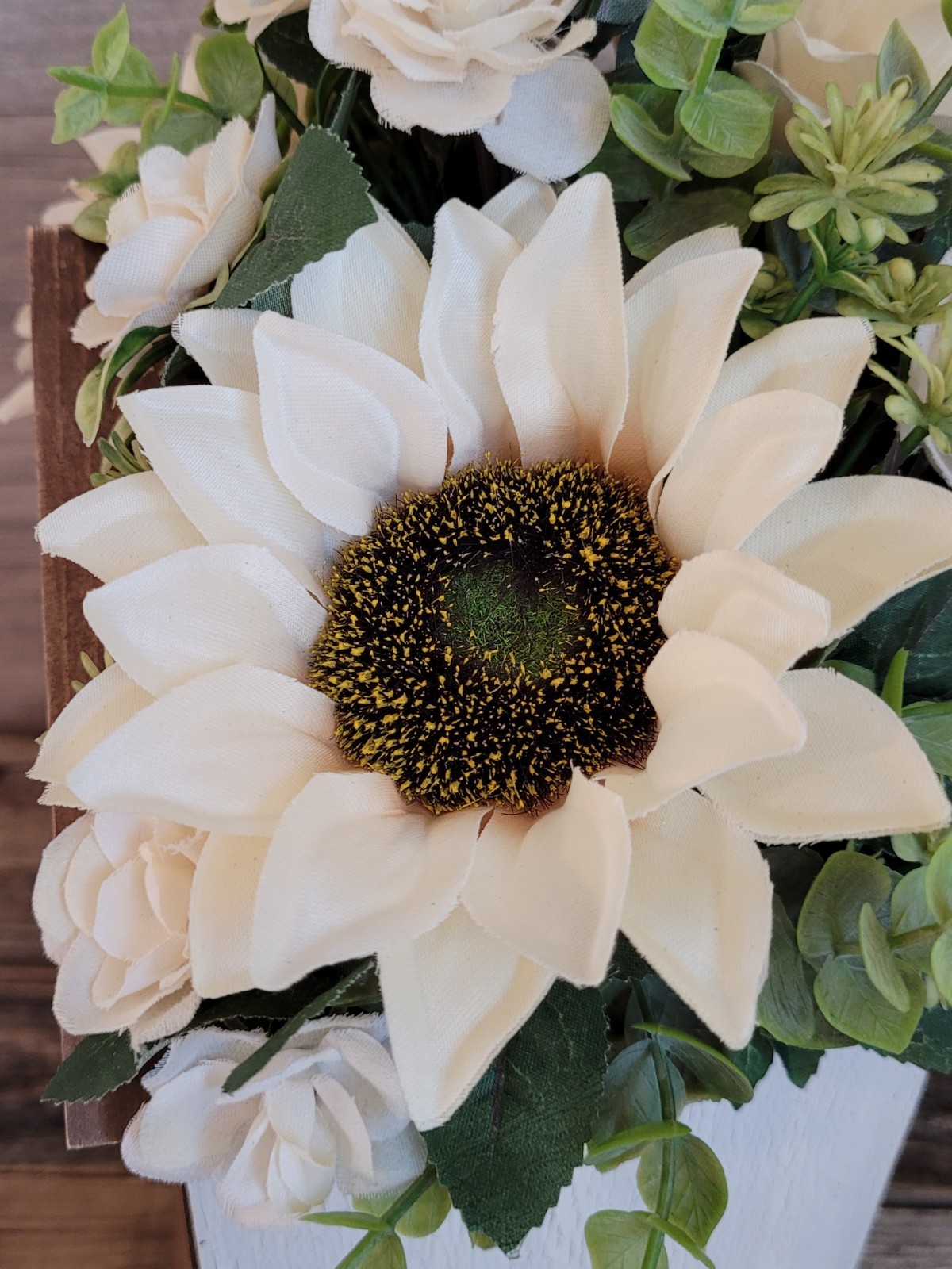 Faux Flower Arrangement Church Wood Box Decor
