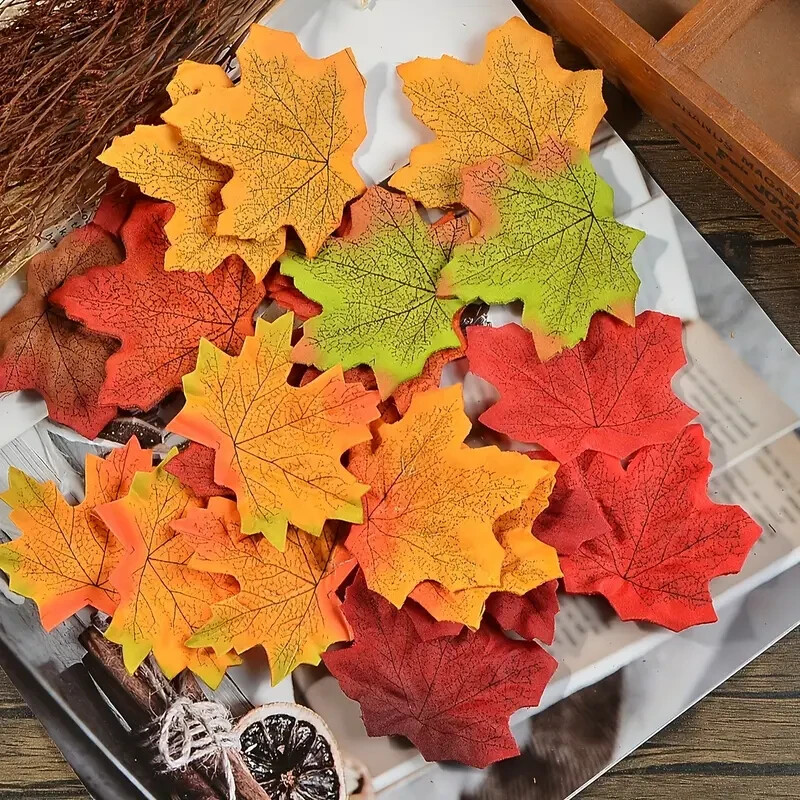 100 Vibrant Artificial Fall Maple Leaves, Thanksgiving, Home, Outdoor Decor