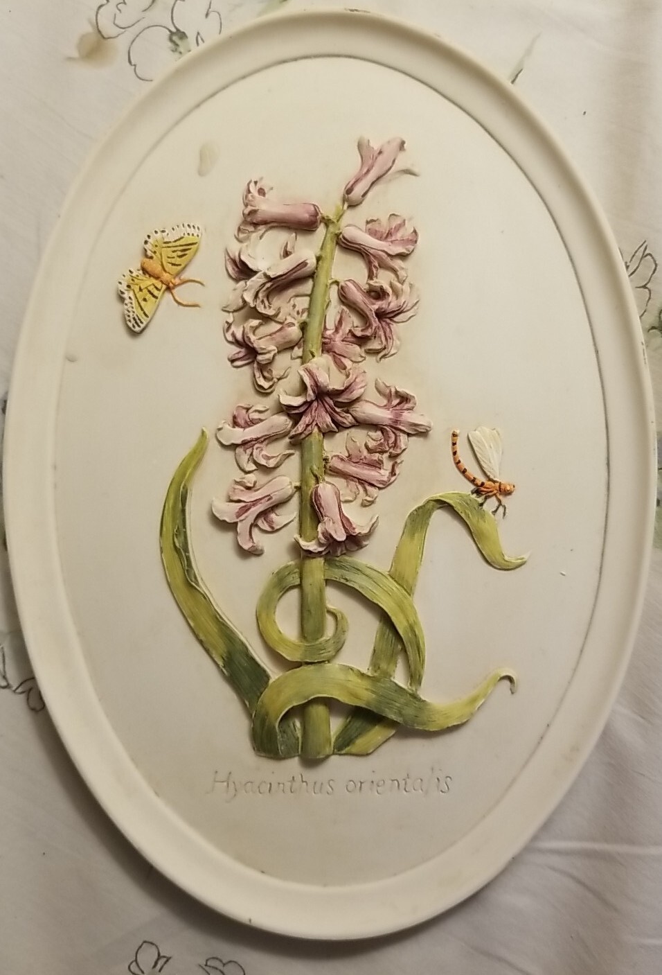 2 VTG Oval Soapstone Raised Floral Wall Plaques-Tulipa Diana,Hycinthus Orientals