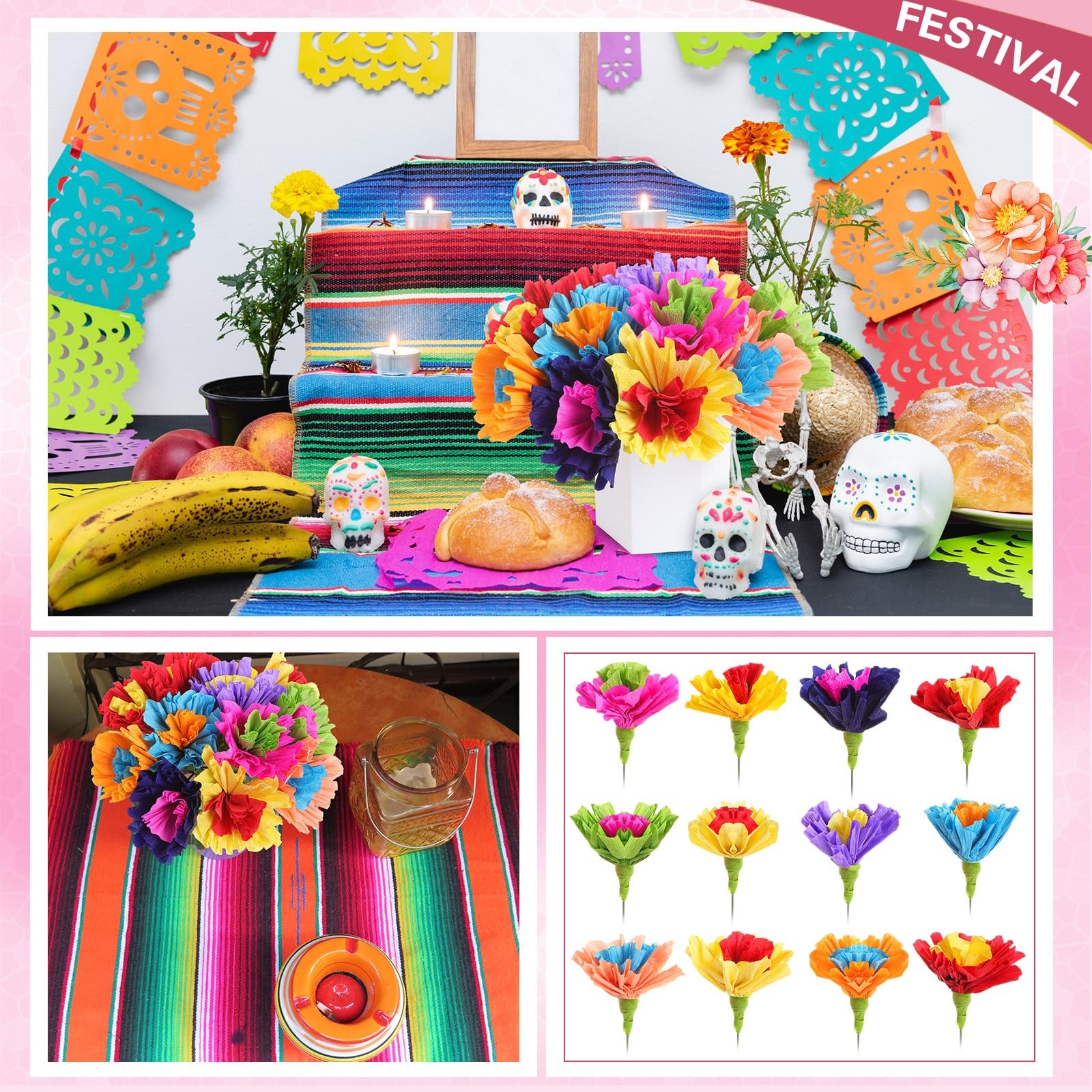 24 Pcs Mexican Paper Flowers Artificial Rainbow Crepe Paper Flowers Bunch wit…
