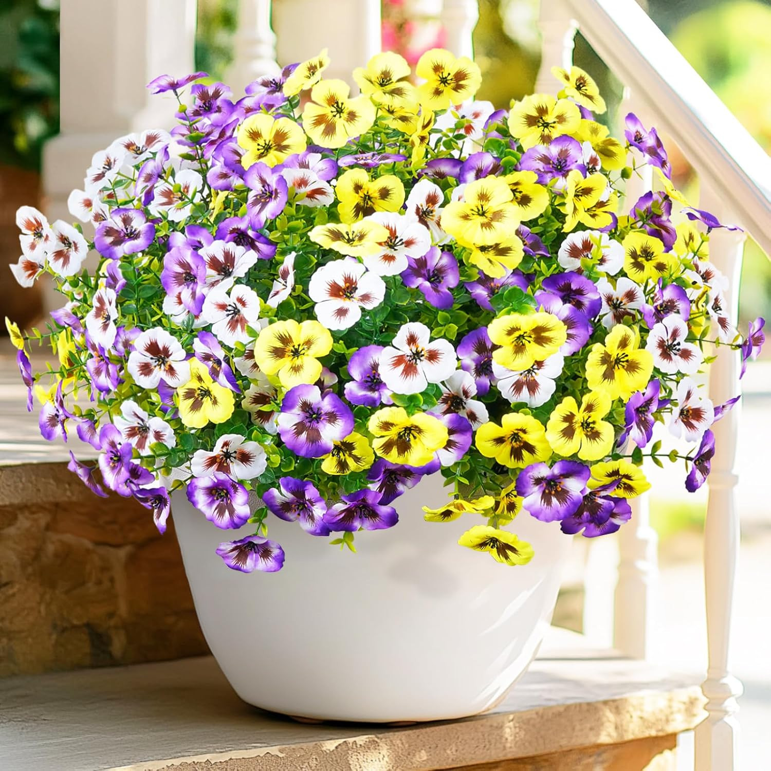 8 Bundles Artificial Outdoor Flowers – Faux Pansy Garden Decor UV Resistant