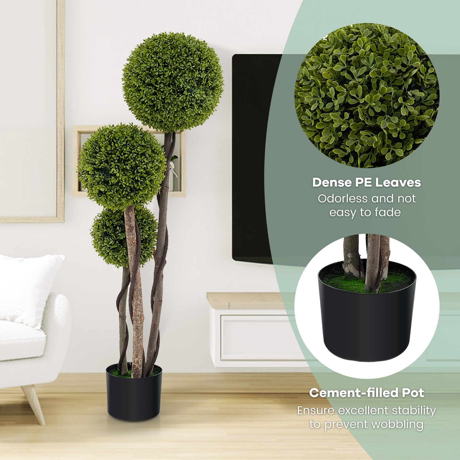 4 FT Artificial Boxwood Topiary Ball Tree w/ Triple Ball Faux Greenery Plant
