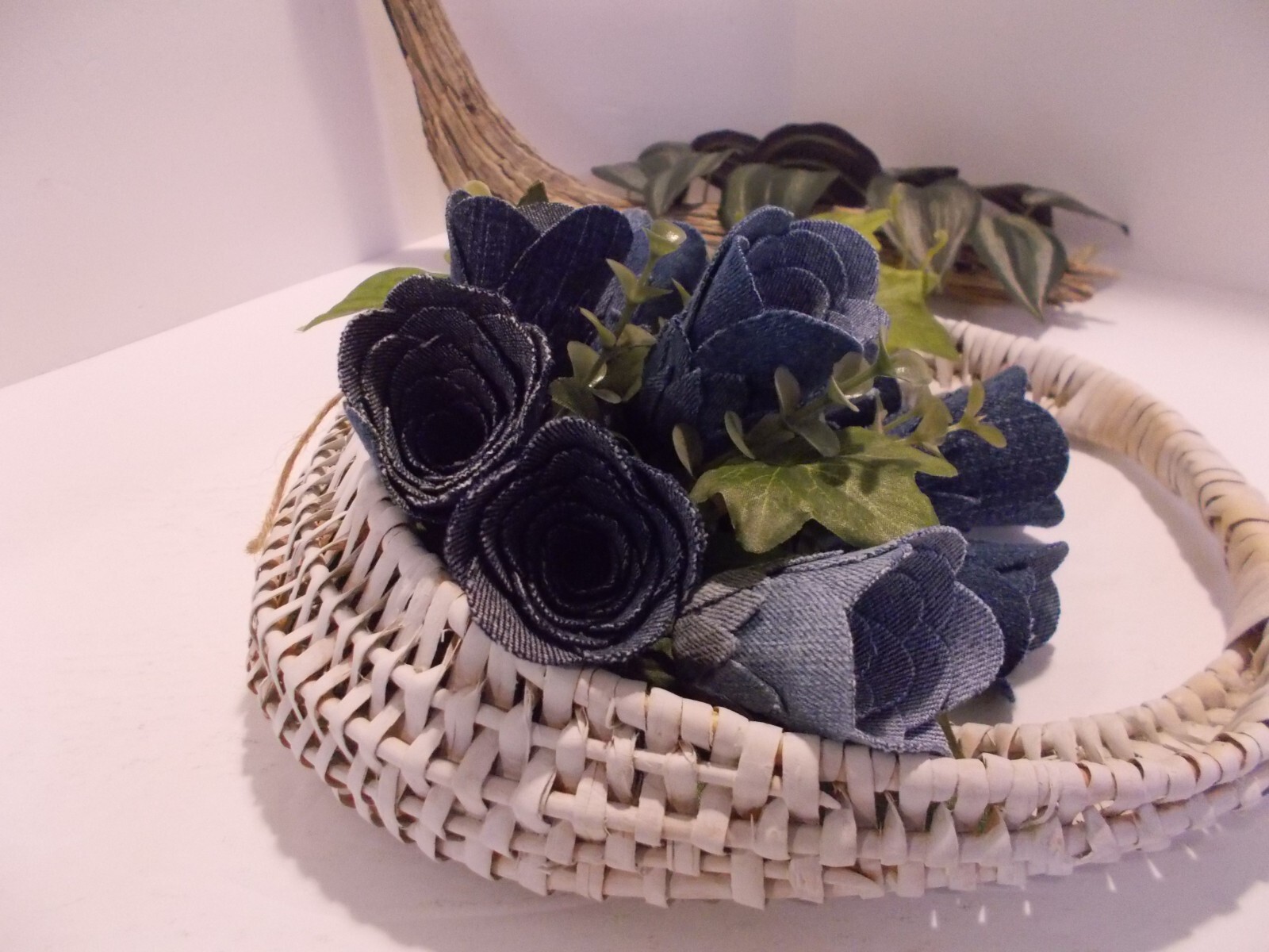 Handcrafted Wall Pocket Basket with 12 Denim Roses – Western Denim Rustic Decor