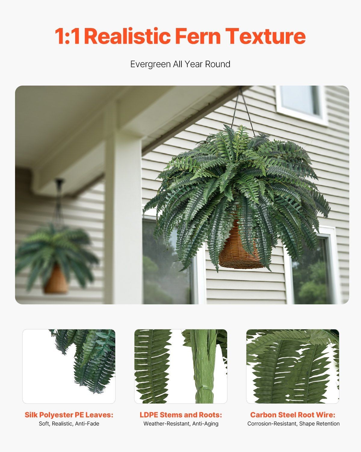 Dense 88-Branch Boston Fern, 43-47in Spread, PE+Silk Lifelike Artificial Plant