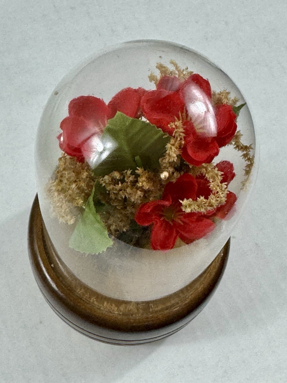 Artificial Red Rose Flower Arrangement in Glass Dome with Wood Base, 6 in Tall