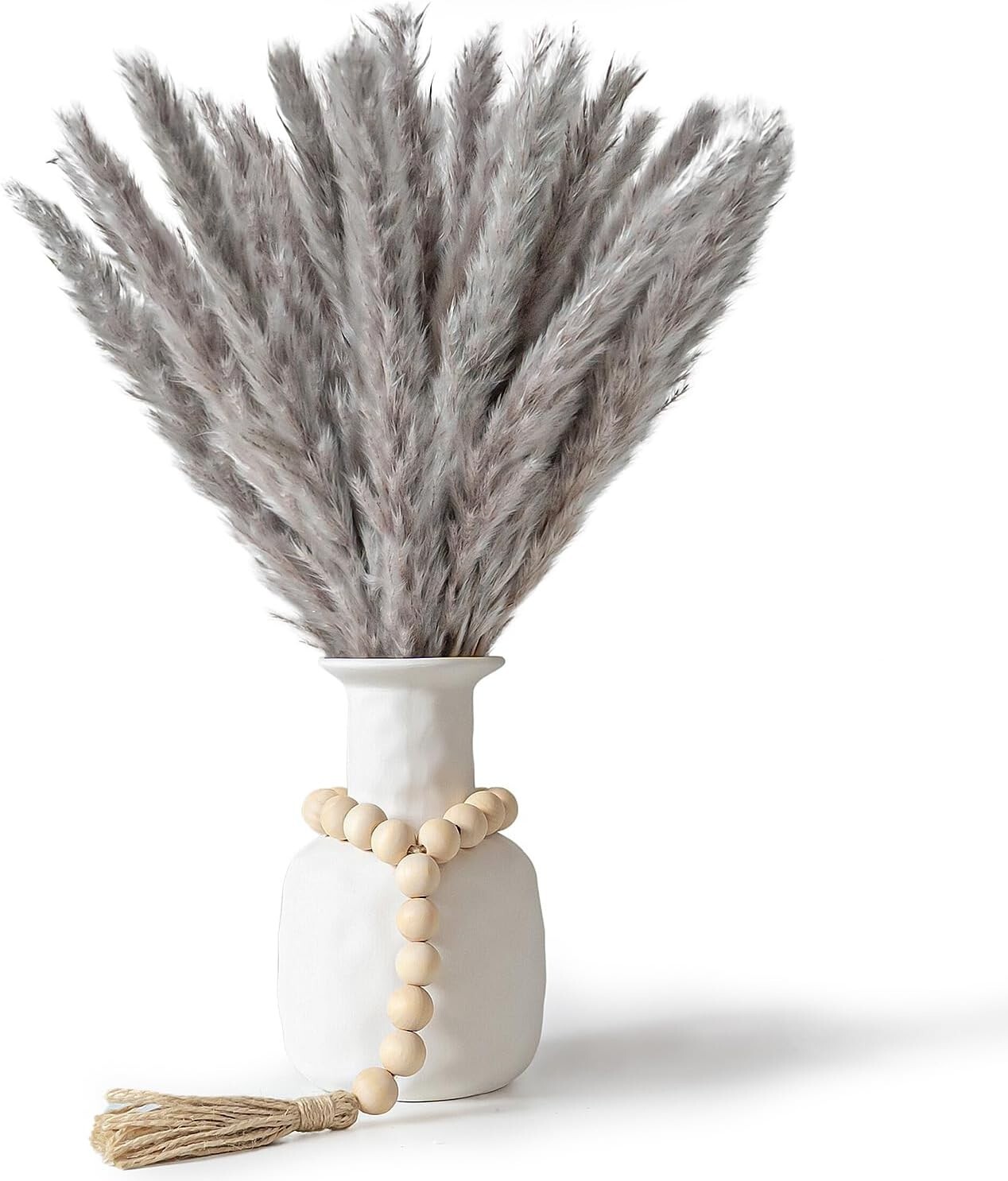 17 inch Tall 30 pcs Gray Pampas Grass with Wooden Elegant BOHO Beads – No Vase