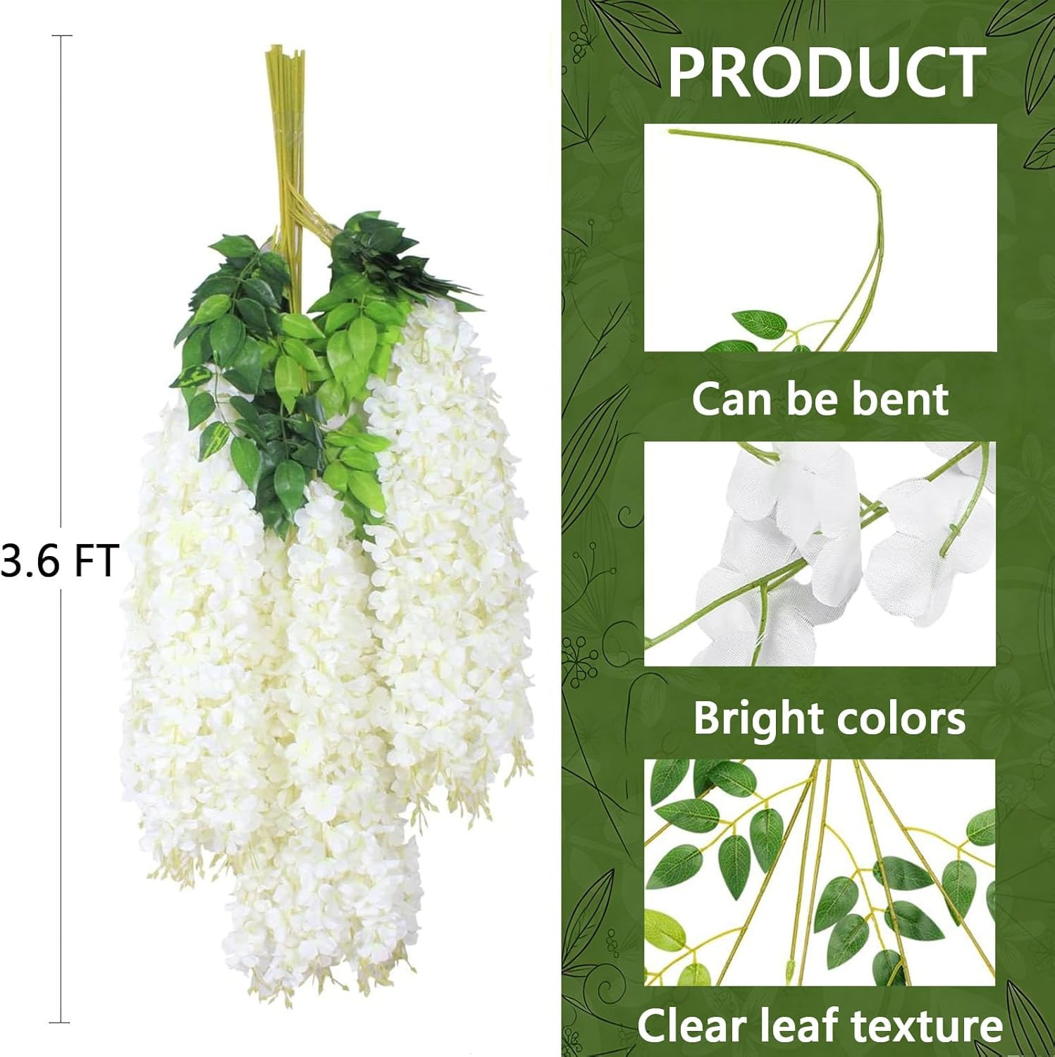 12Pcs Artificial Wisteria Flowers 3.6 Feet/Piece White Dense Artificial Fake Wis