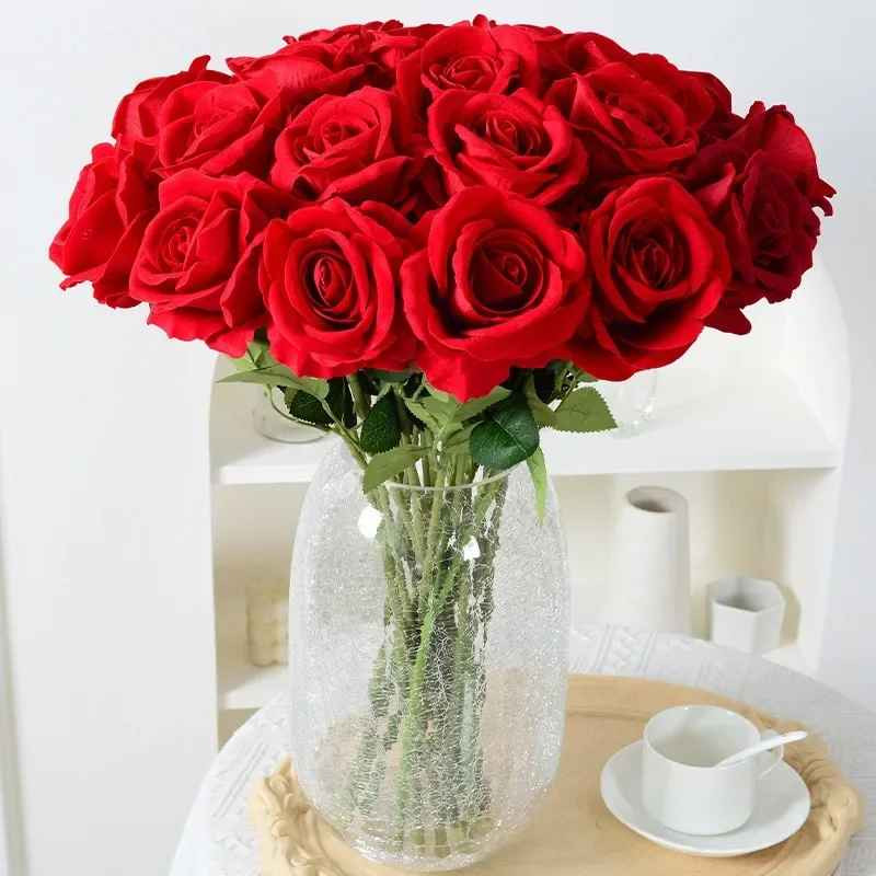 NEW 20Pcs Red Silk Roses Artificial Flowers Realistic Bouquet Home Decor Wedding