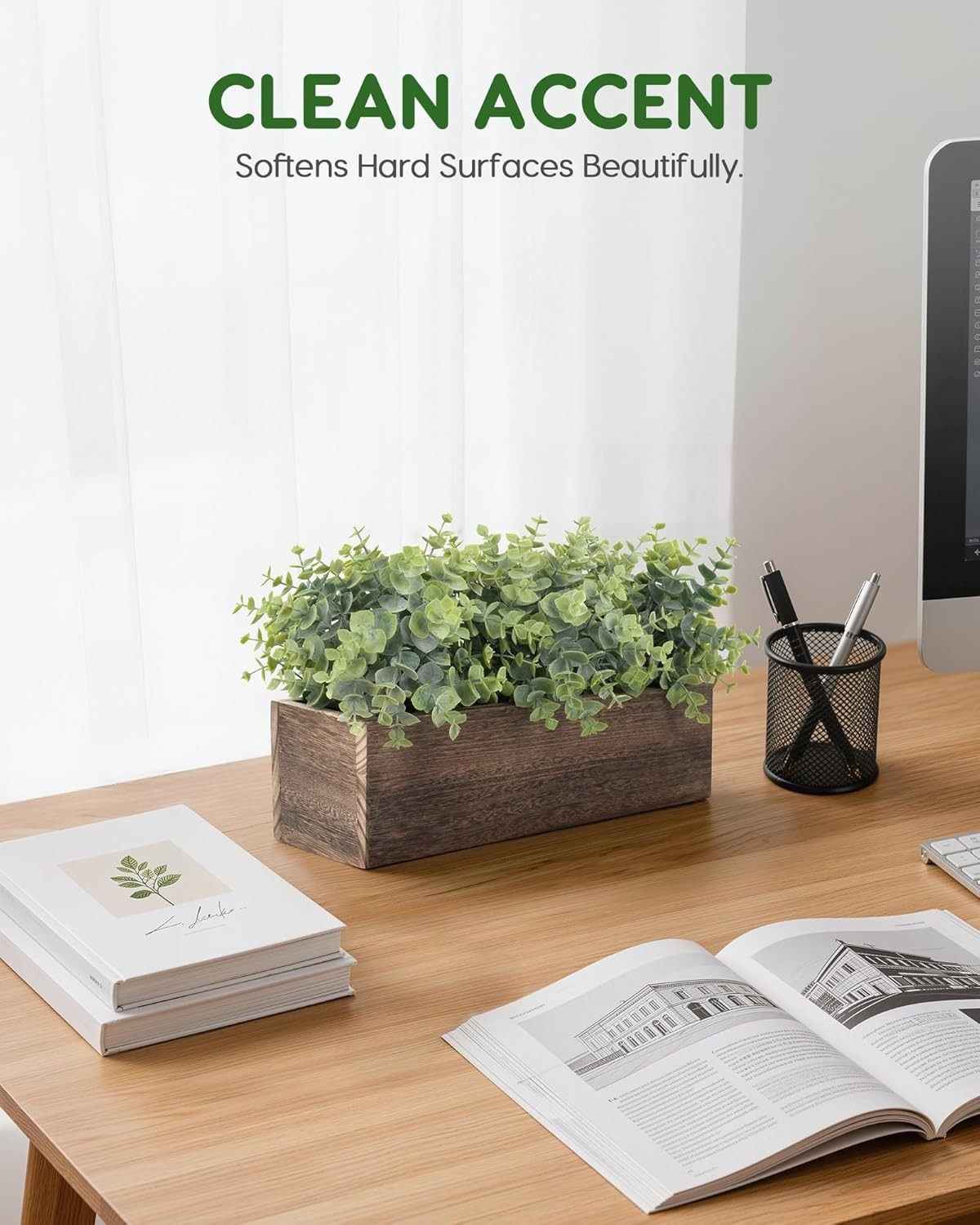 14″ Artificial Eucalyptus Plants in Rustic Rectangular Wooden Planter Box, Fa…