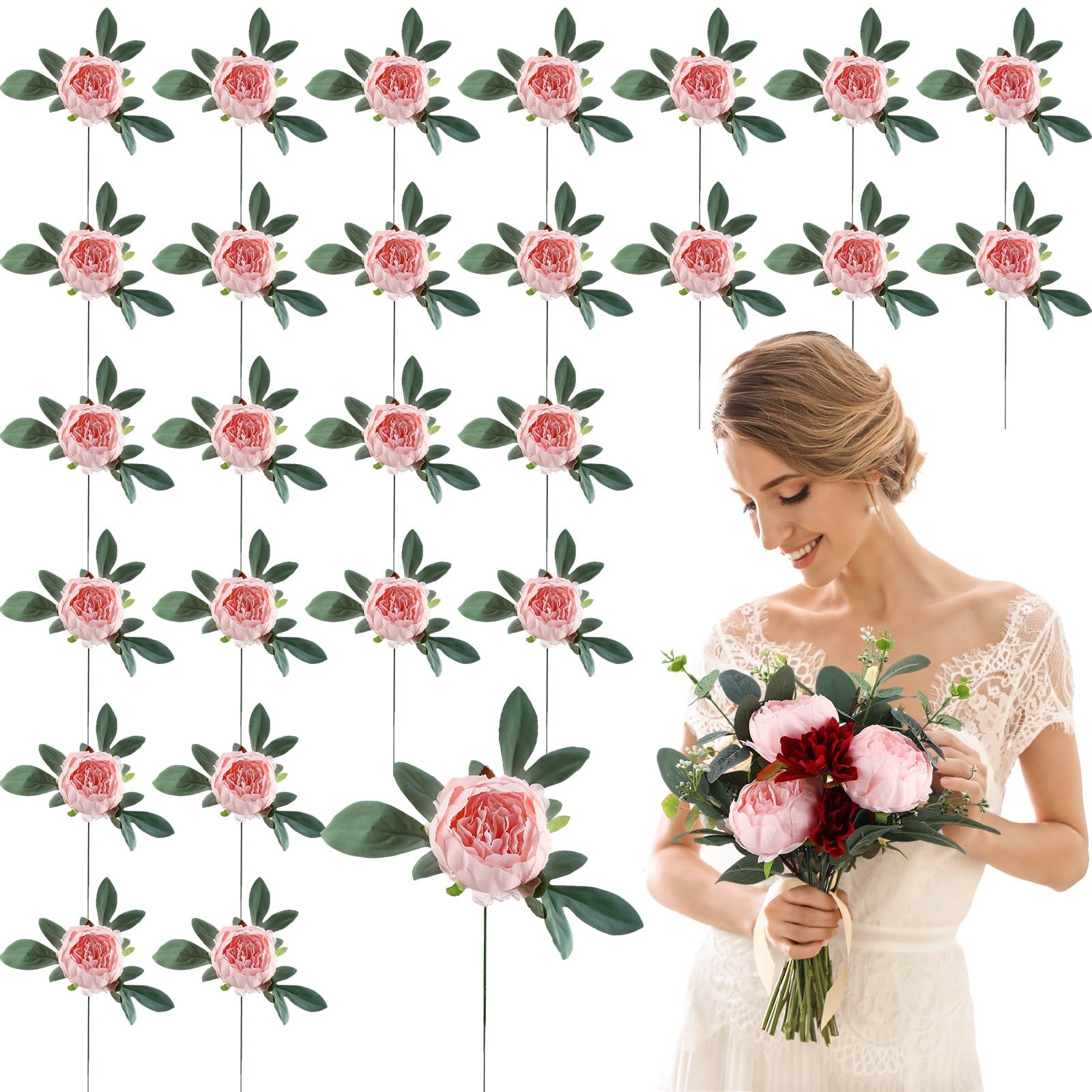 50 PCS Pink Artificial Peonies 4″ Fake Silk Flowers Bridal Bouquet Centerpiece