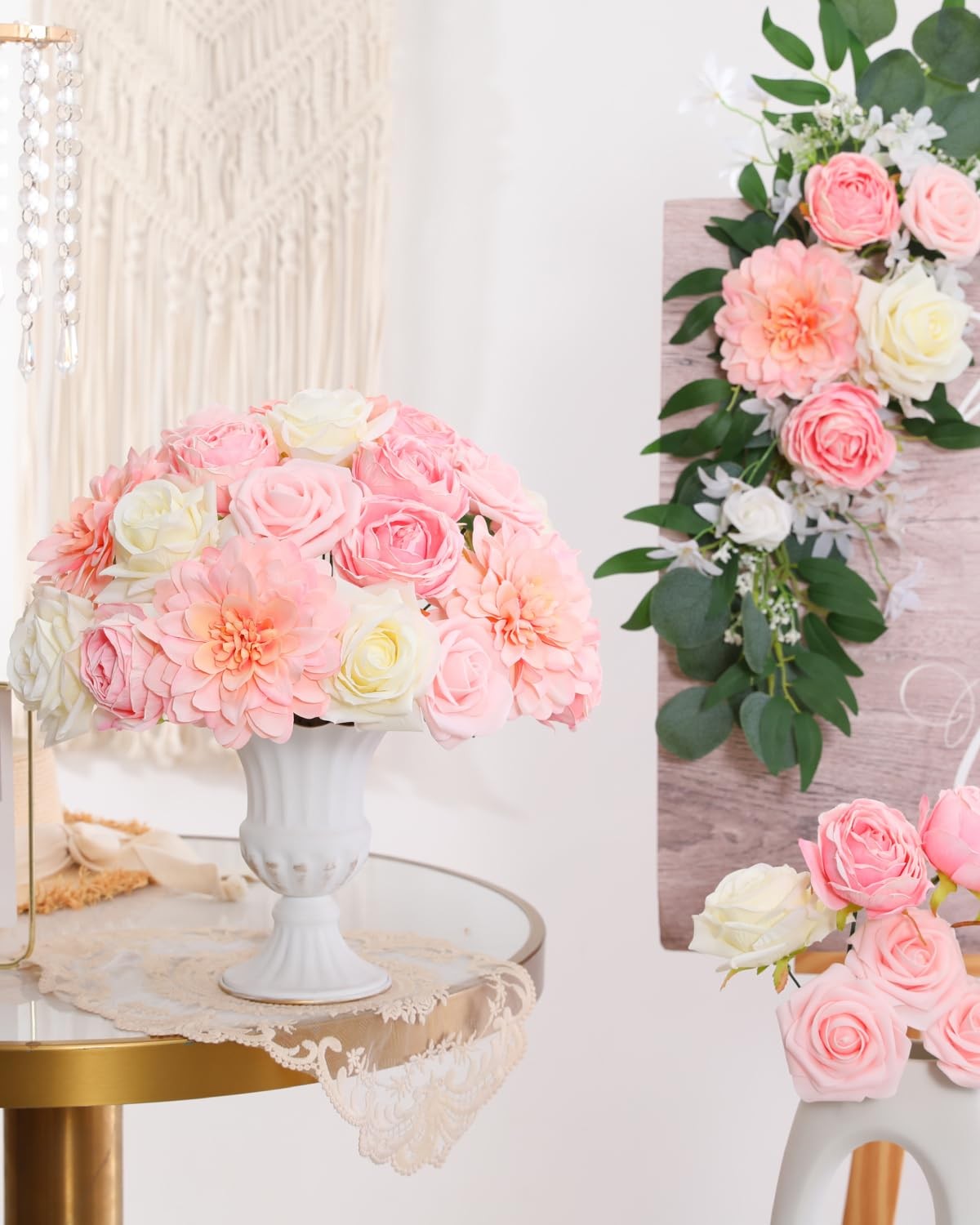 Artificial Flowers Combo, Peach Pink Silk Roses, Peonies, Dahlias with Stems …