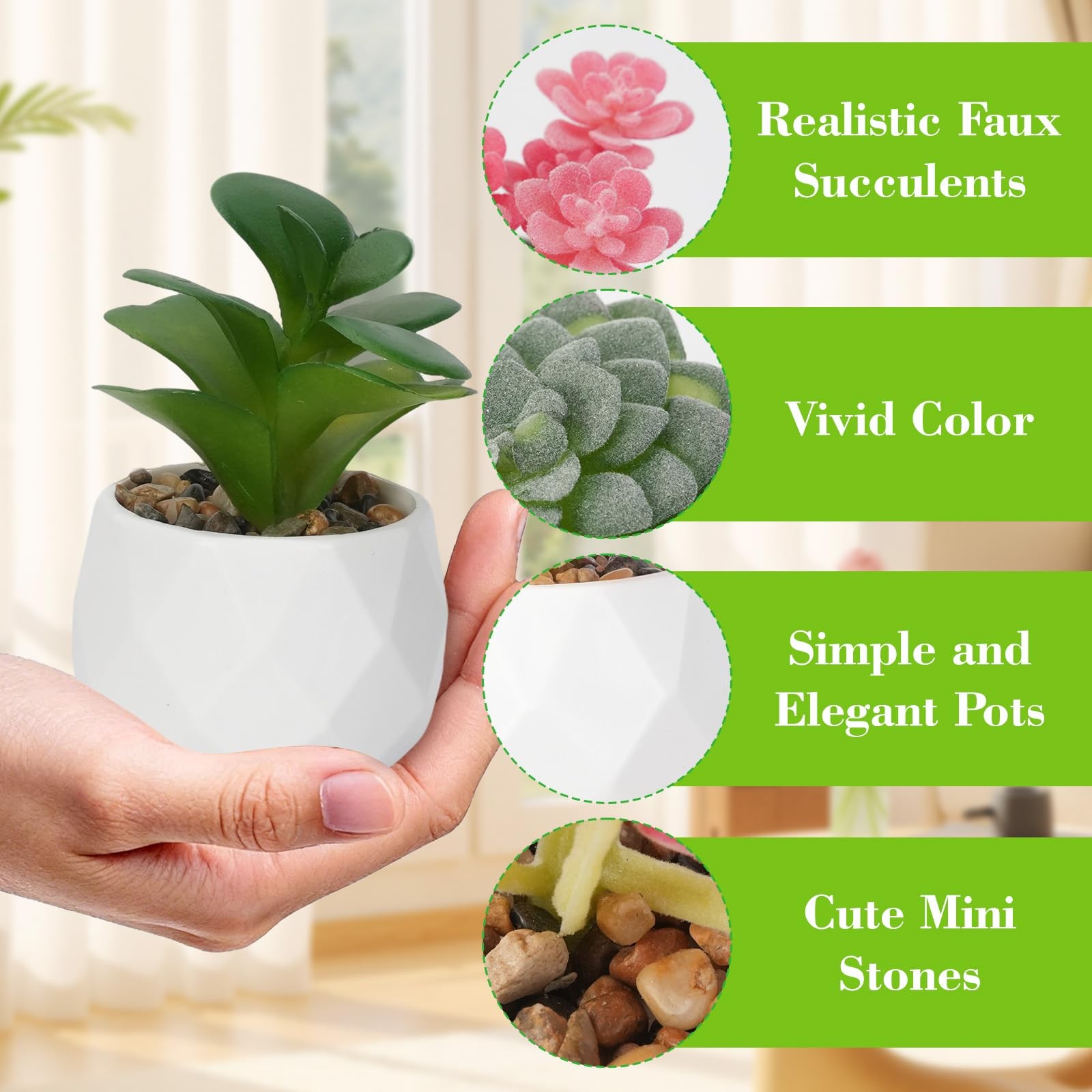 6 PCS Artificial Succulents Faux Desk Plants White Plastic Pots Room Decor