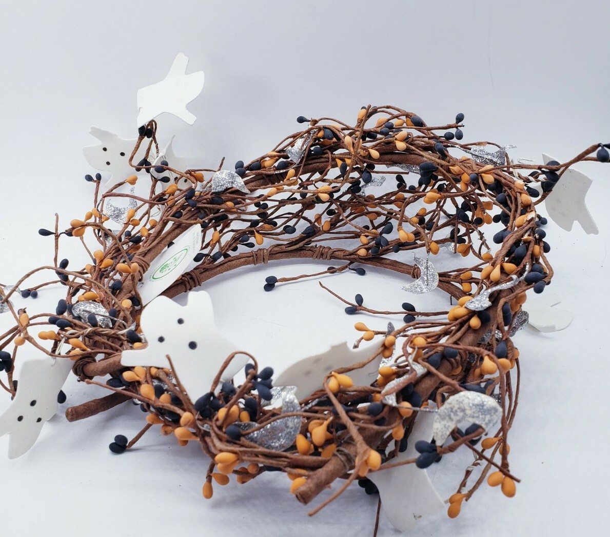 Shea’s Wildflower Company Halloween Garland Orange Blk Silver Glitter with Ghost