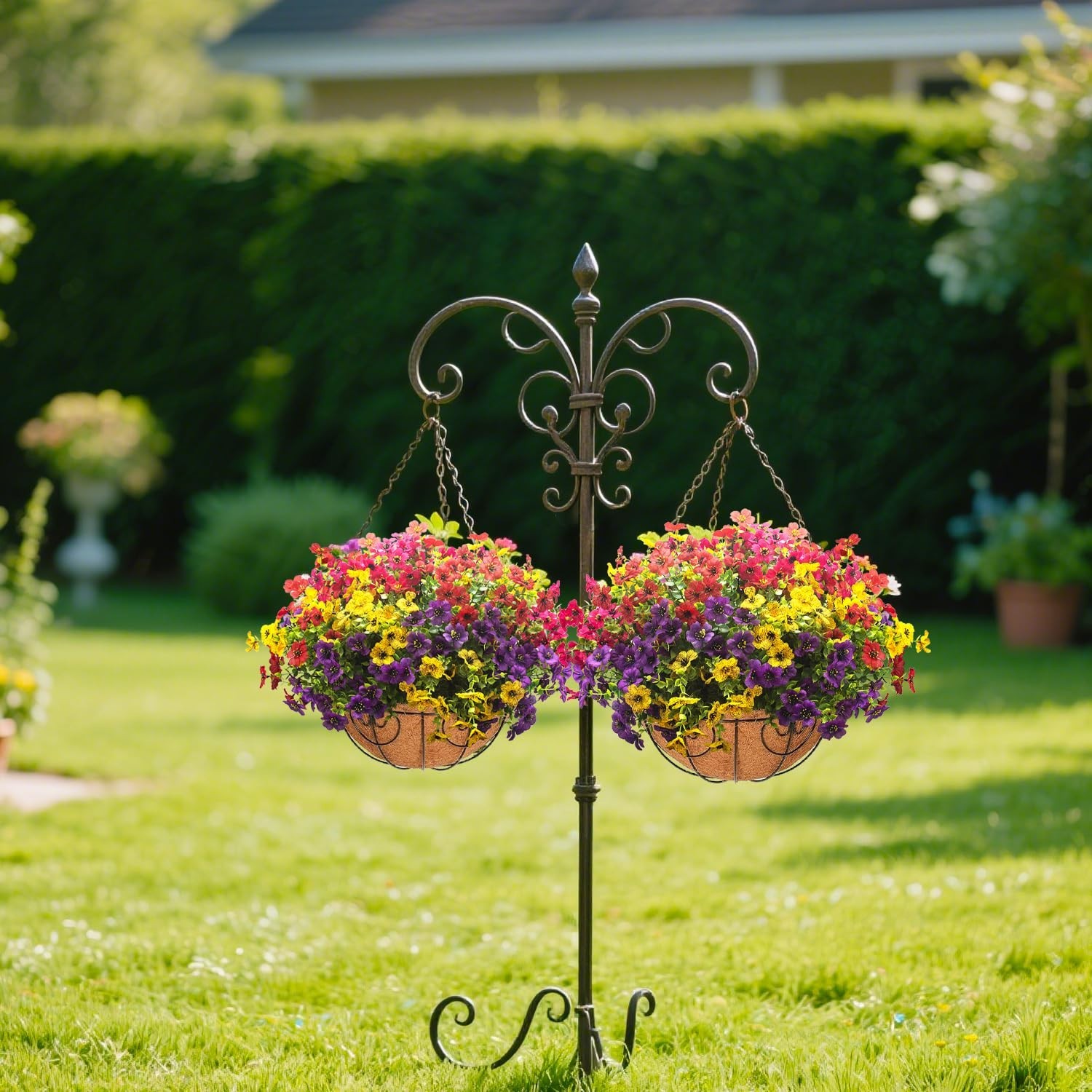 2 Set Artificial Outdoor Flowers with Hanging Baskets – 24 Pcs Planters for Gard