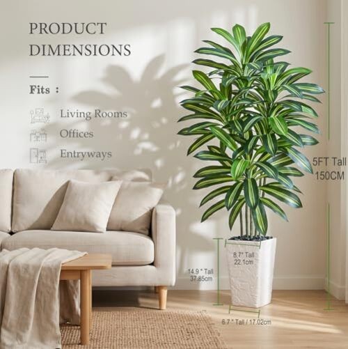 Artificial Dracaena Tree – Fake Tree with White Tall 5FT 1 Green-white Pot