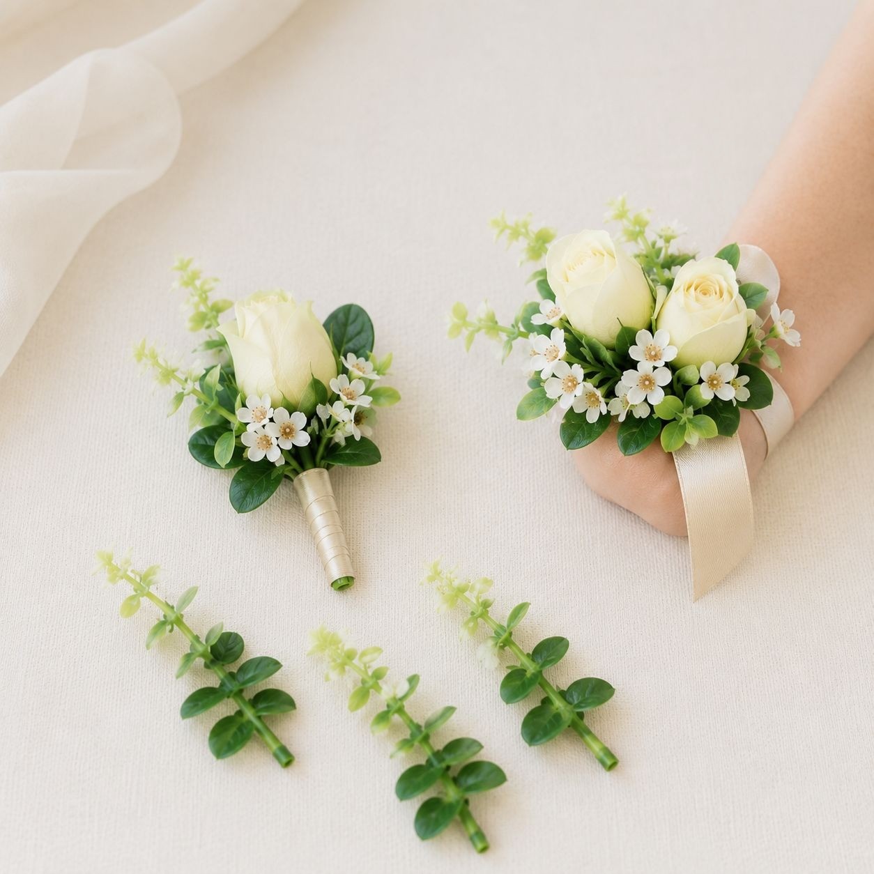 Mini Green and Cream Eucalyptus Sprigs Set of 23, 5 Inch Soft Touch Faux Greener