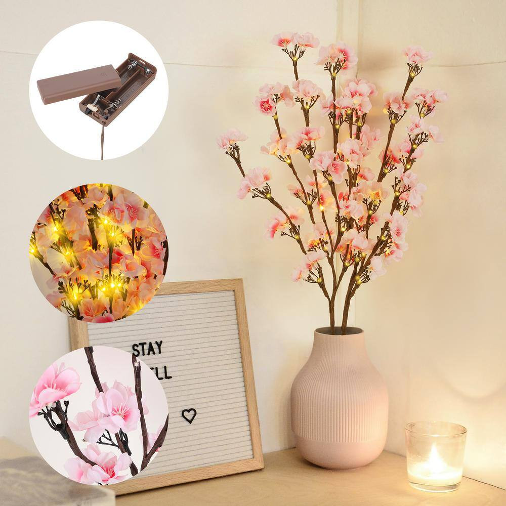 30 In. Pink Artificial Plum Blossom Lights Home Decoration 2Pcs Set Individual F