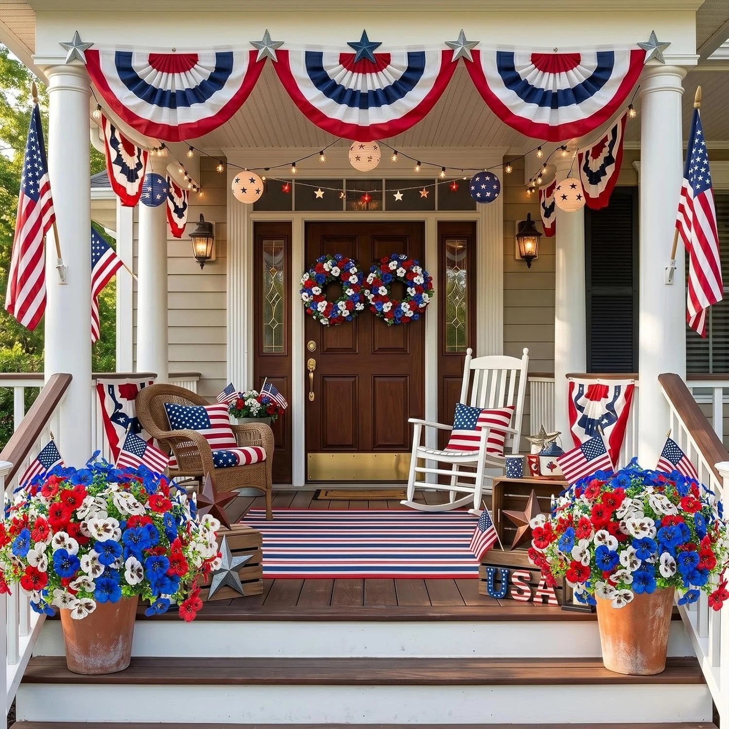 Vibrant 18 Pcs Artificial Pansy Flowers for Porch & Patio – Red, White, Blue