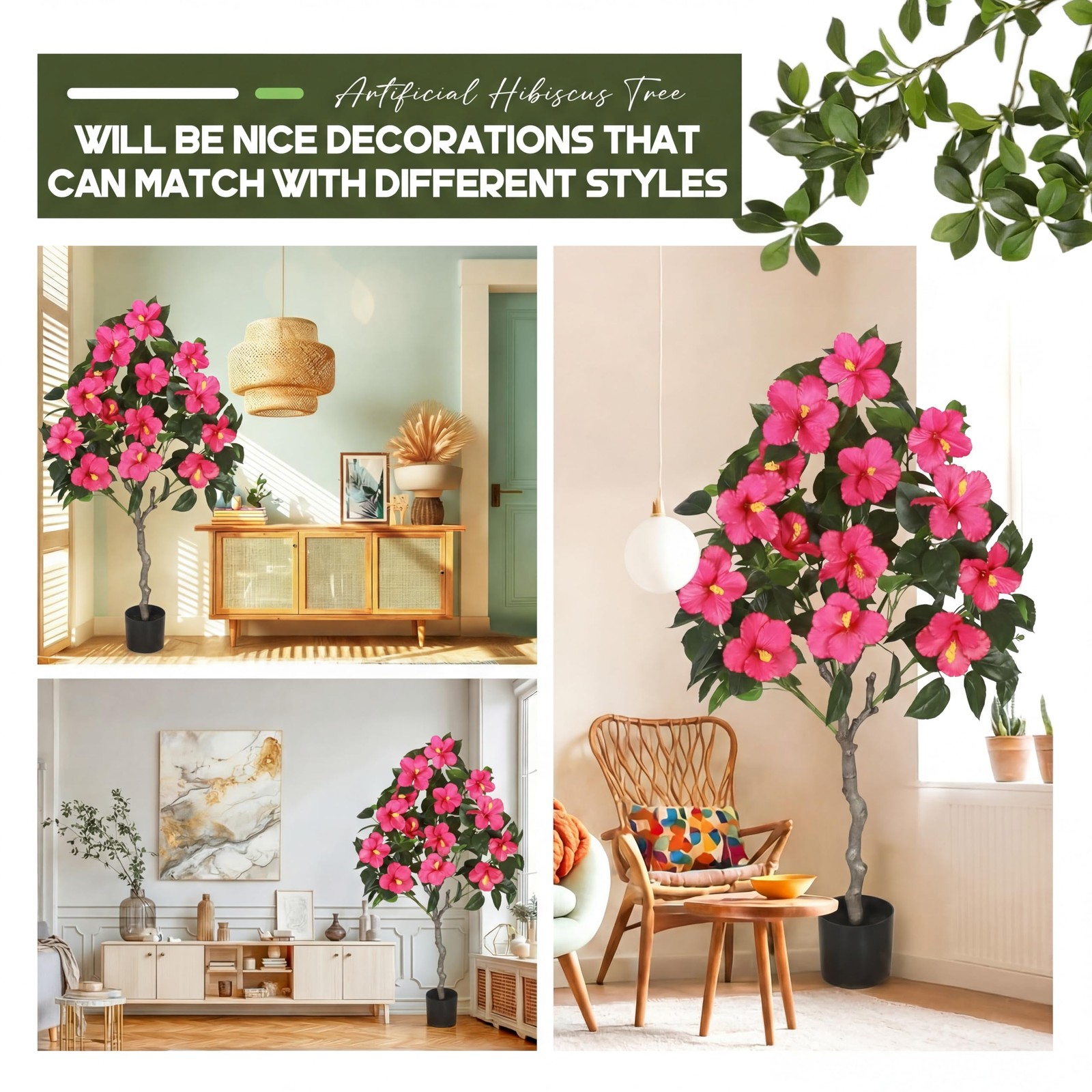 2 Pack 4 ft Artificial Hibiscus Tree Fake with 14 Flowers Hibiscus Tree with …