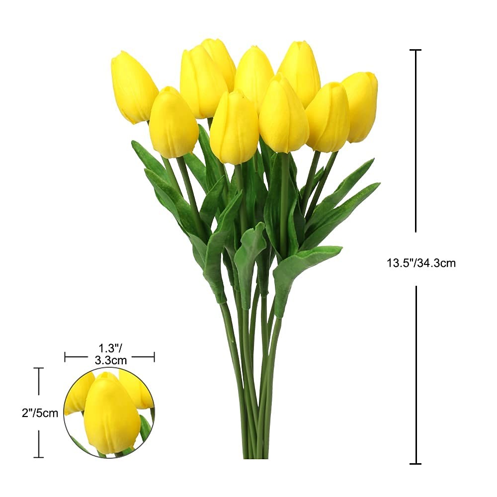 10 Pcs Yellow Tulips Artificial Flowers Real Touch Mother’s Day 13.5 Inch