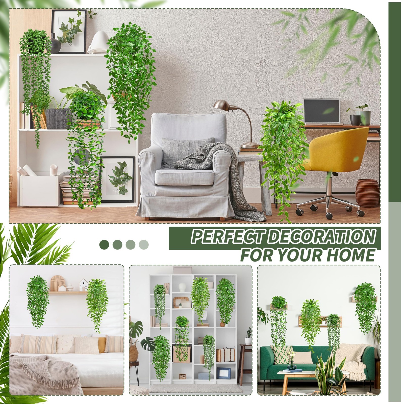 4 Pack UV Resistant Faux Hanging Plants – Eucalyptus, Mandala, Pea Pod & String