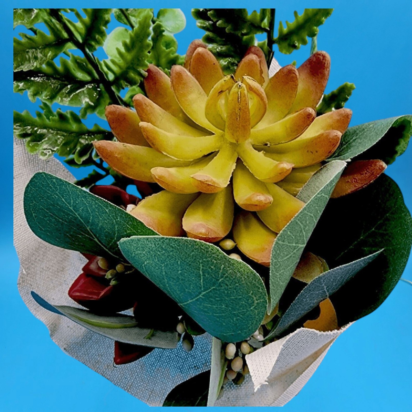 Artificial Green & Red Succulent Floral Bouquet Berry Eucalyptus Cloth Wrapped
