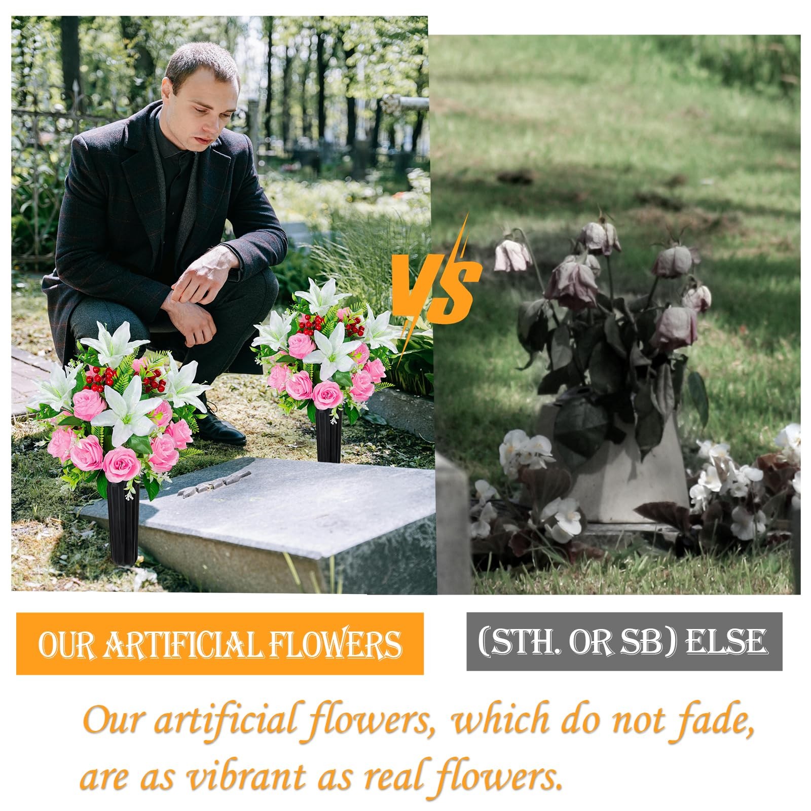 Artificial Cemetery Flowers with Vase, Set of 2 Rose Lily Bouquet Graveside D…