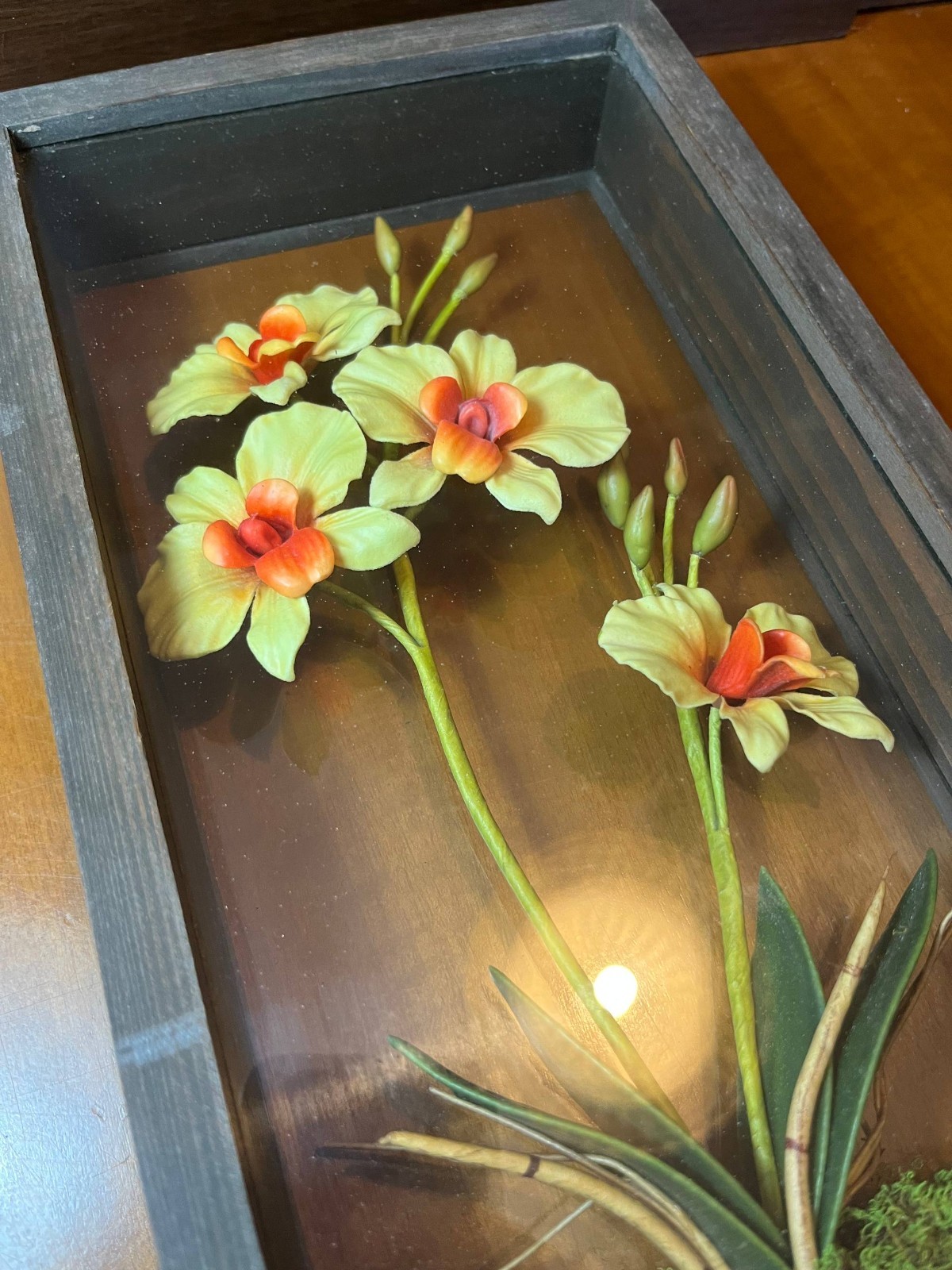 Vintage 3D Orchid Shadow Box Floral Wall/Table Decor 1980s Retro Frame