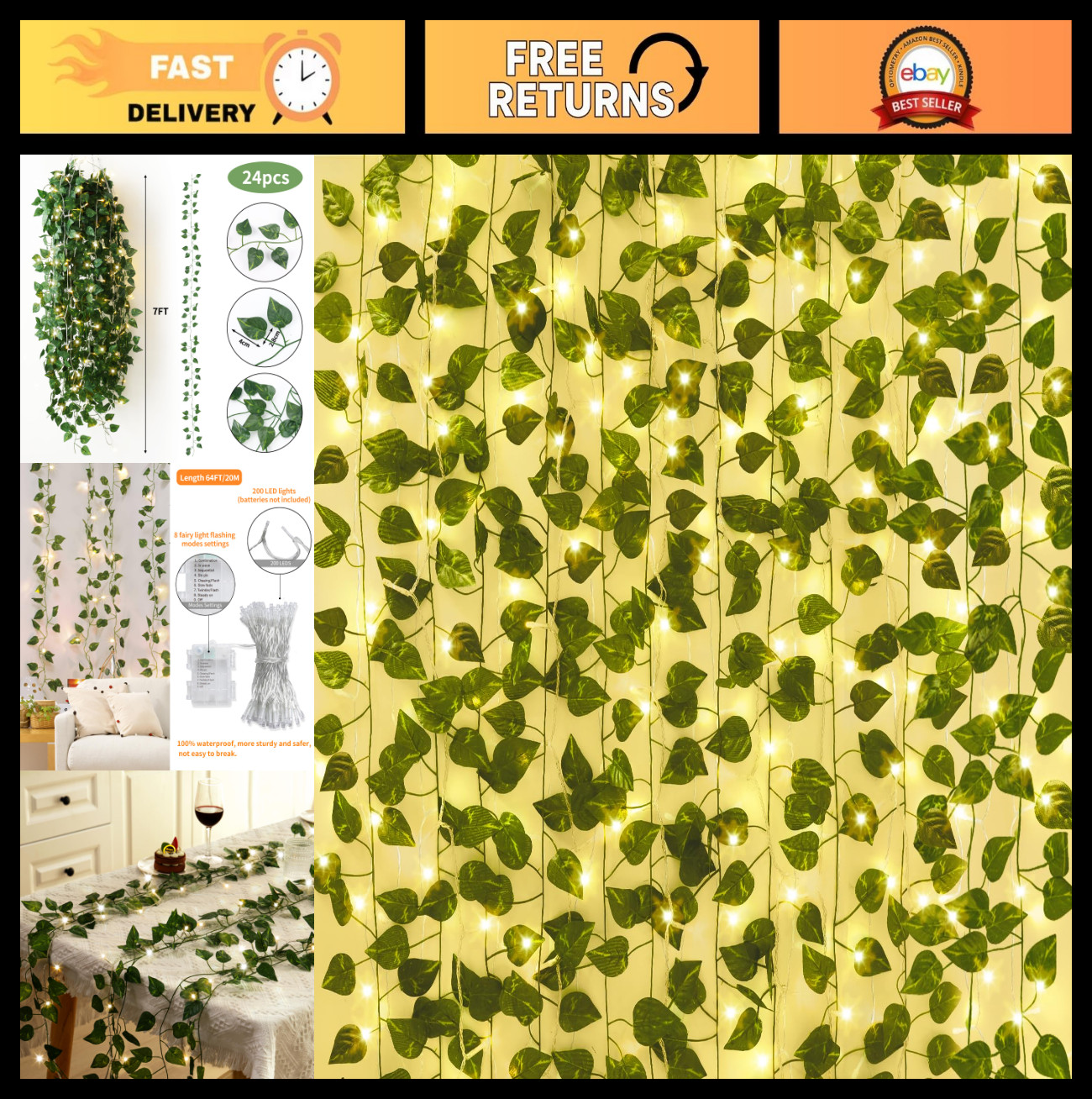 24 Pack 173ft Fake Ivy Vines with 200 LED String Lights – Artificial Greenery De