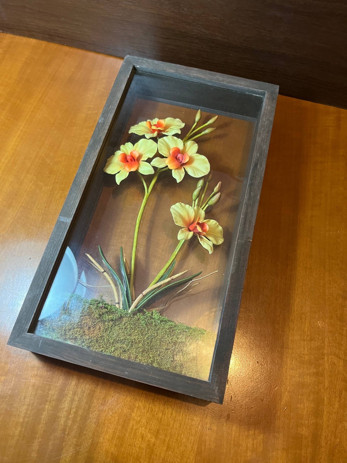 Vintage 3D Orchid Shadow Box Floral Wall/Table Decor 1980s Retro Frame