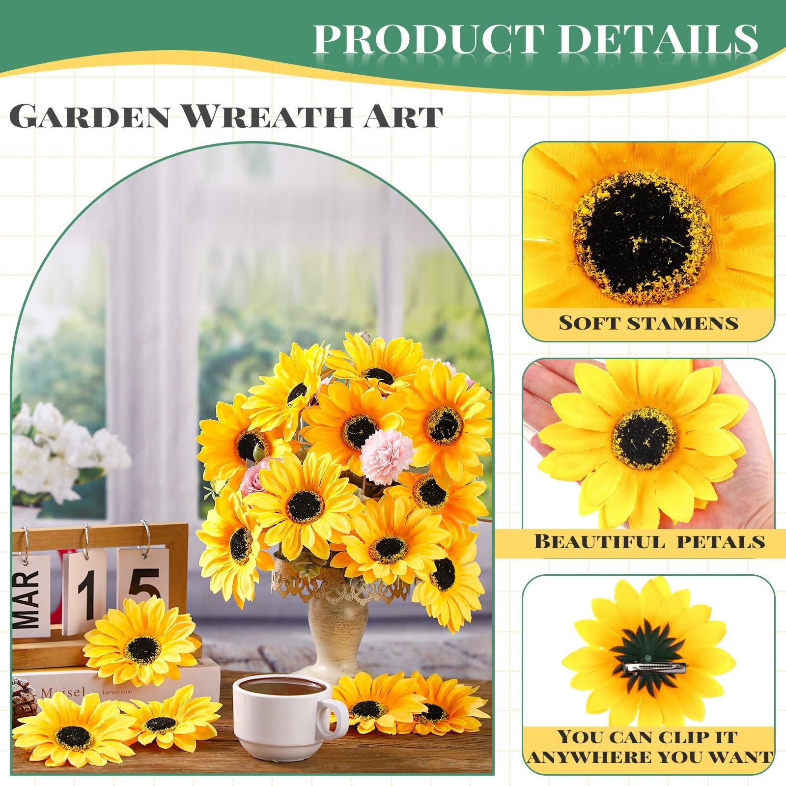 Clip on Fake Sunflowers, Artificial Sunflower Heads with Clips, Faux Silk Sun…