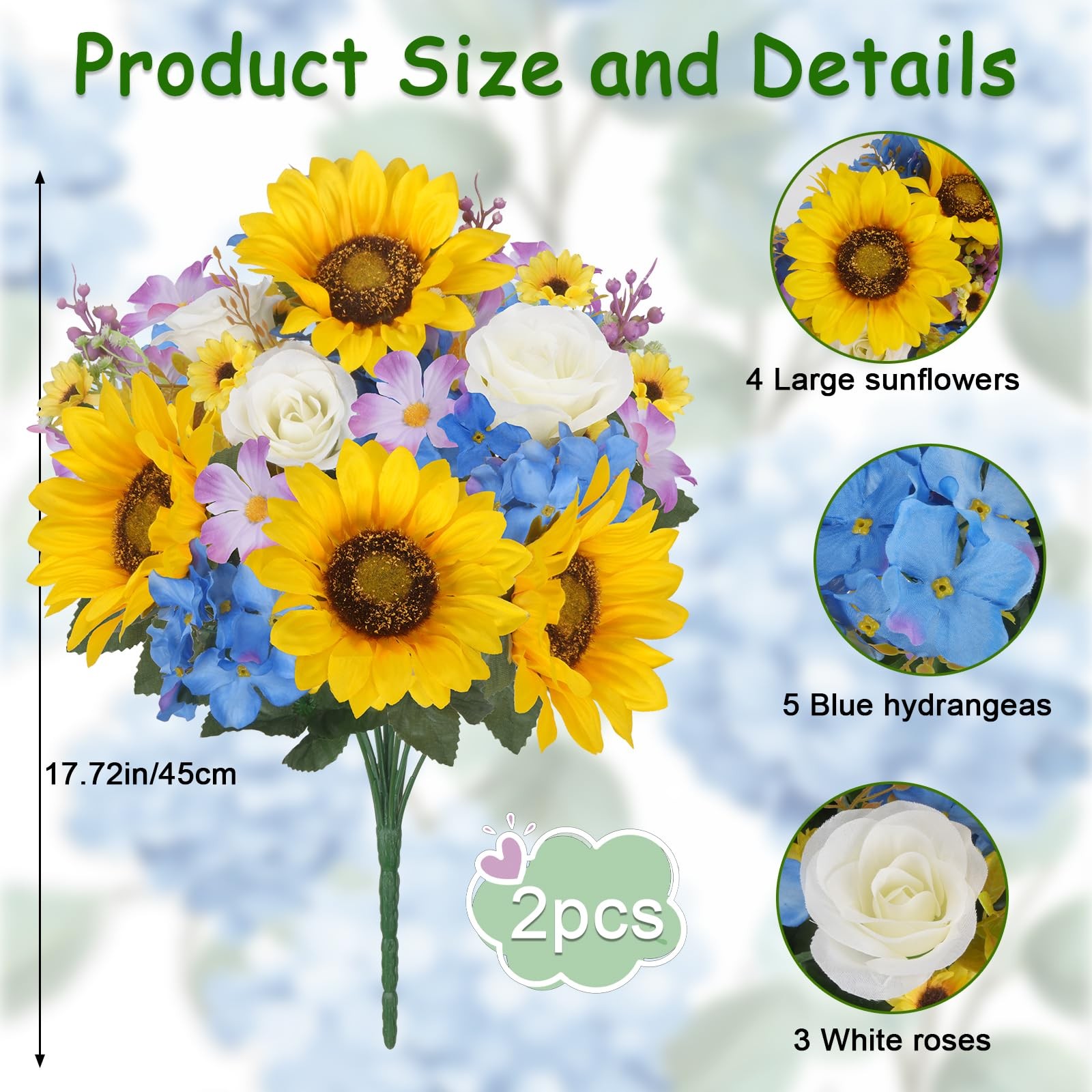 2Pcs 17.7Inch Sunflowers Artificial Flowers Bouquets Cemetery Flowers for Gra…