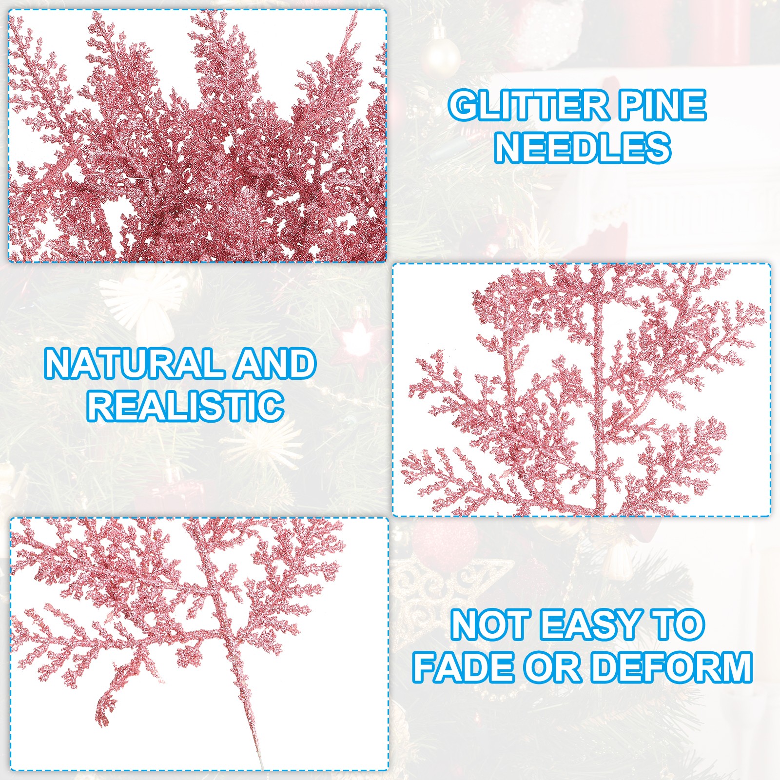 24 Pcs Glitter Artificial Pine Needles, Glitter Pine Stems Pink