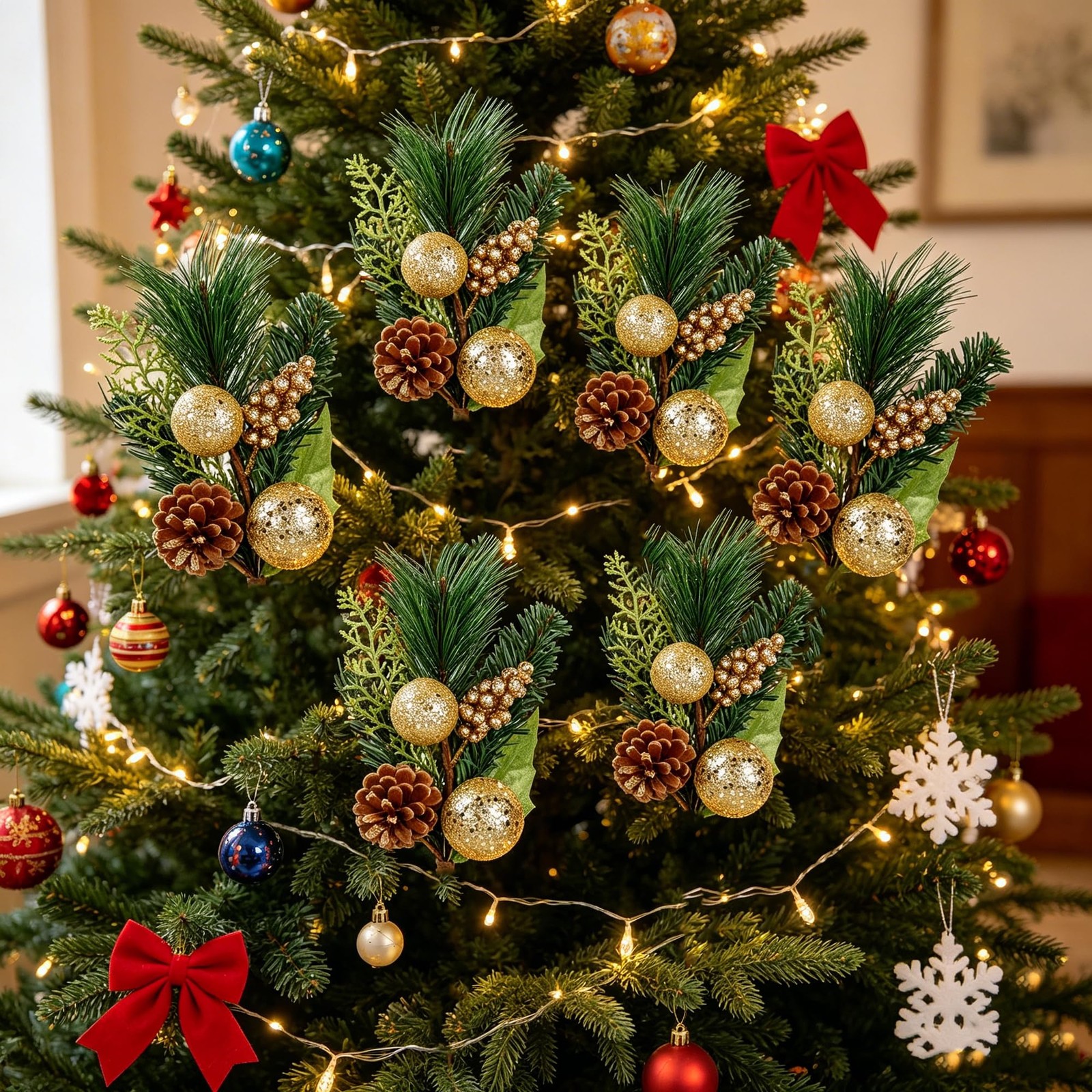 12″ Gold & Green Christmas Picks and Sprays – 6 Pcs Tree Fillers