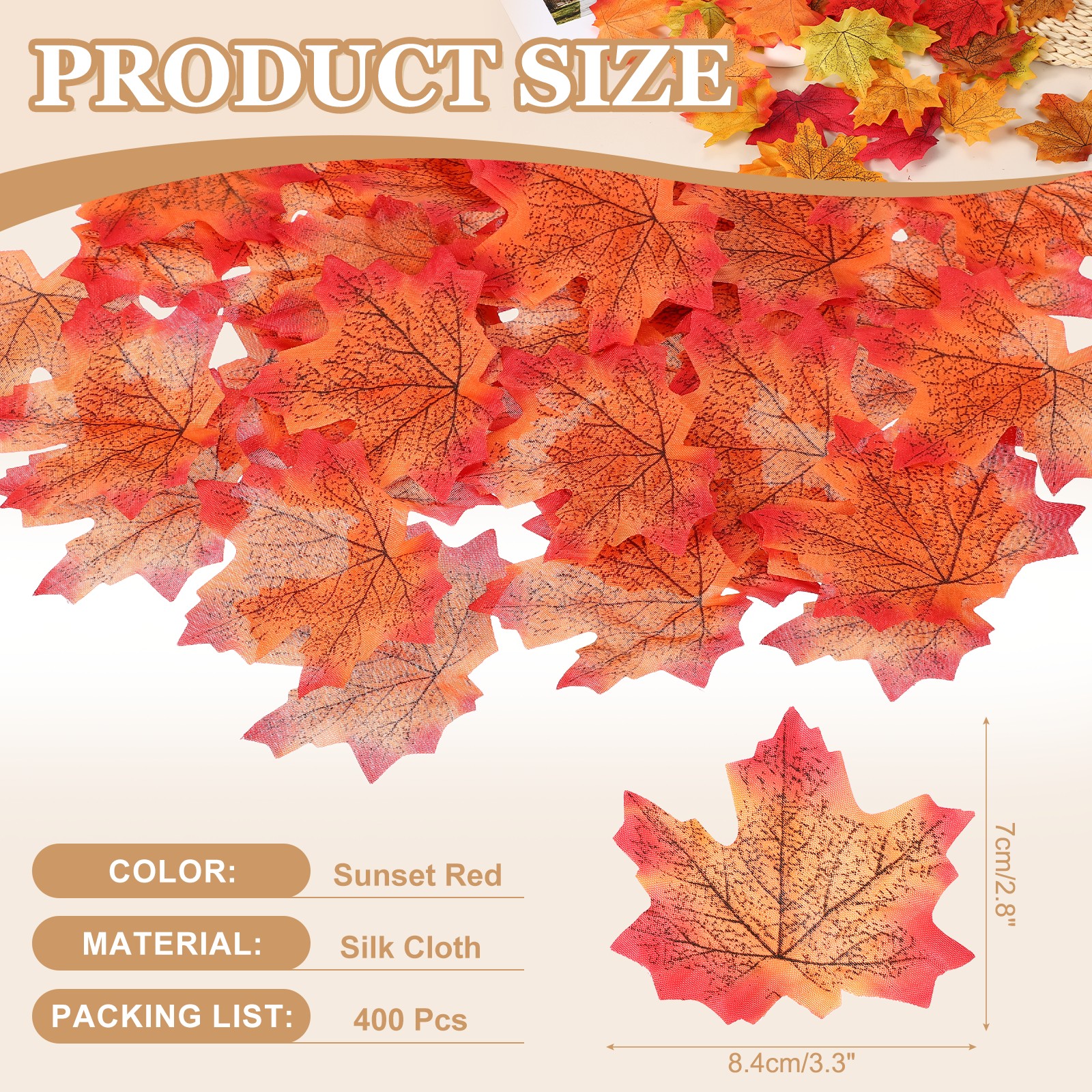 400Pcs Fall Leaves 3.3 Inch Colored Mixed Fake Leaf, Sunset Red