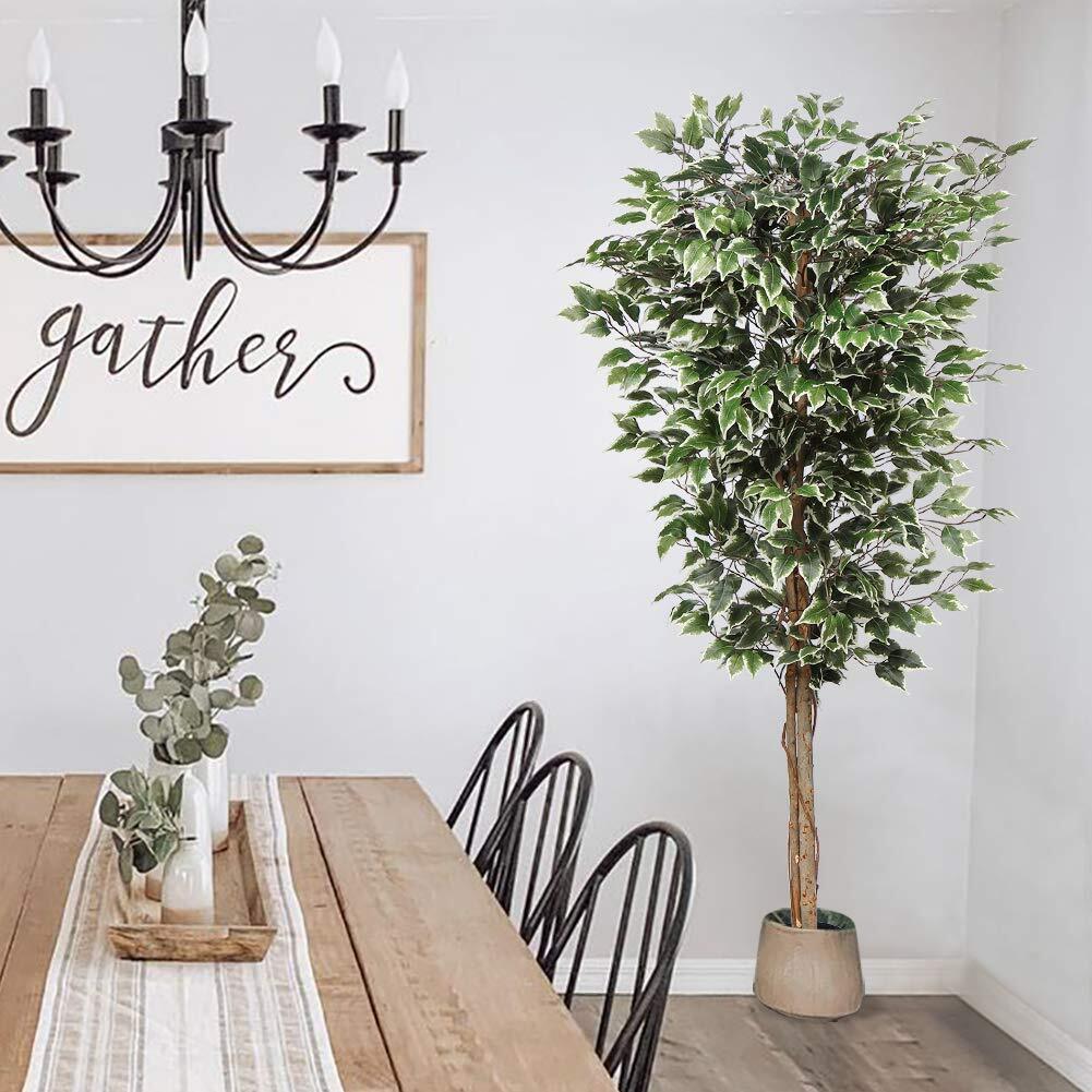 Artificial Ficus Tree 6ft In Cotton Pot Fake Silk With Green White Leaves Natura