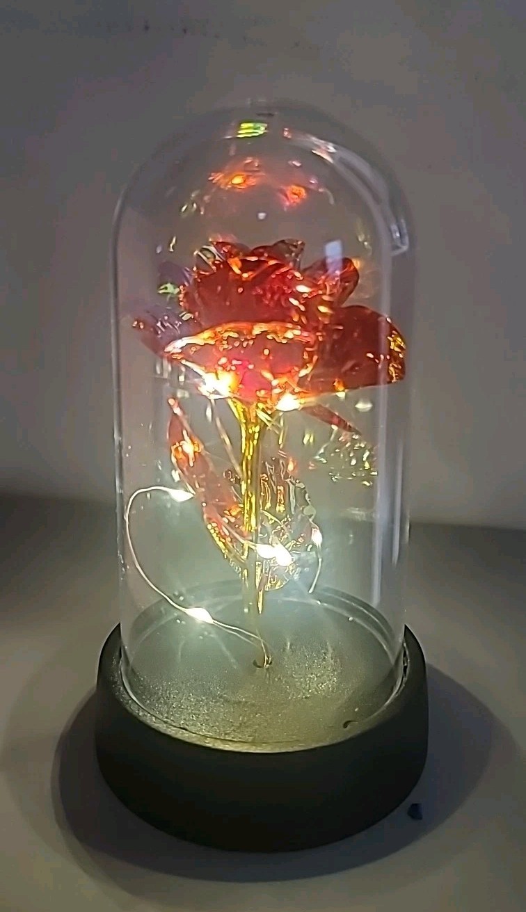 Red & Gold Rose Flower In Dome Glass LED Light Gift, Valentine, Wedding Decor