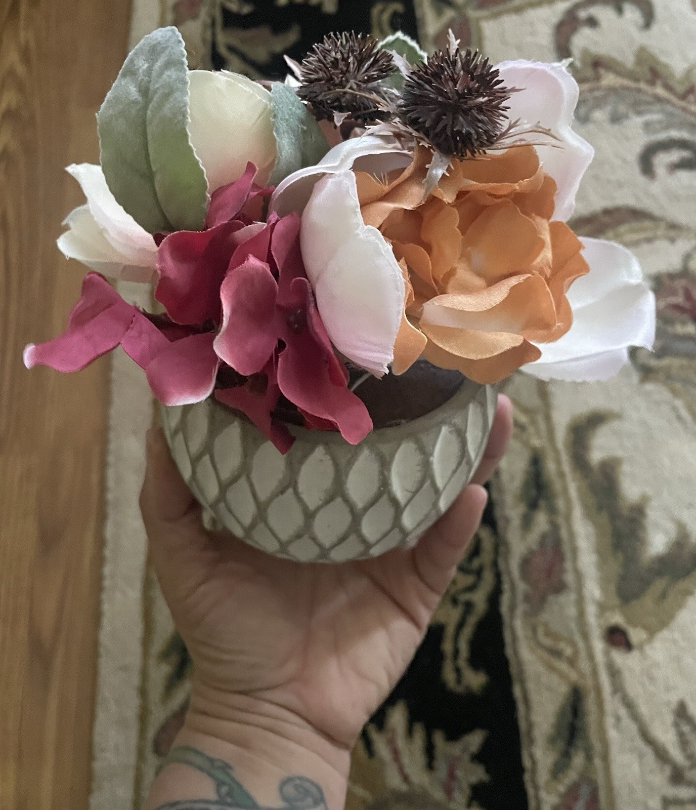 Artificial Peony Flower Arrangement Pink White Peach Ceramic Pot