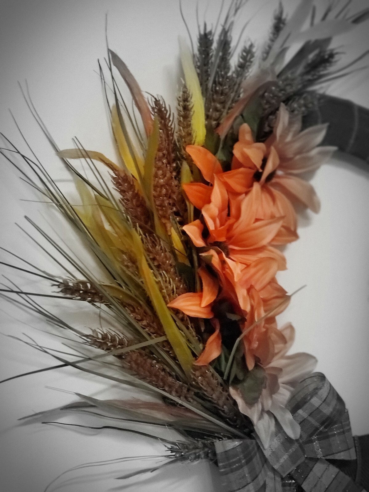 BLESSED wreath Asters Wheat orange Green burlap mesh FALL AUTUMN Decor Door 15″