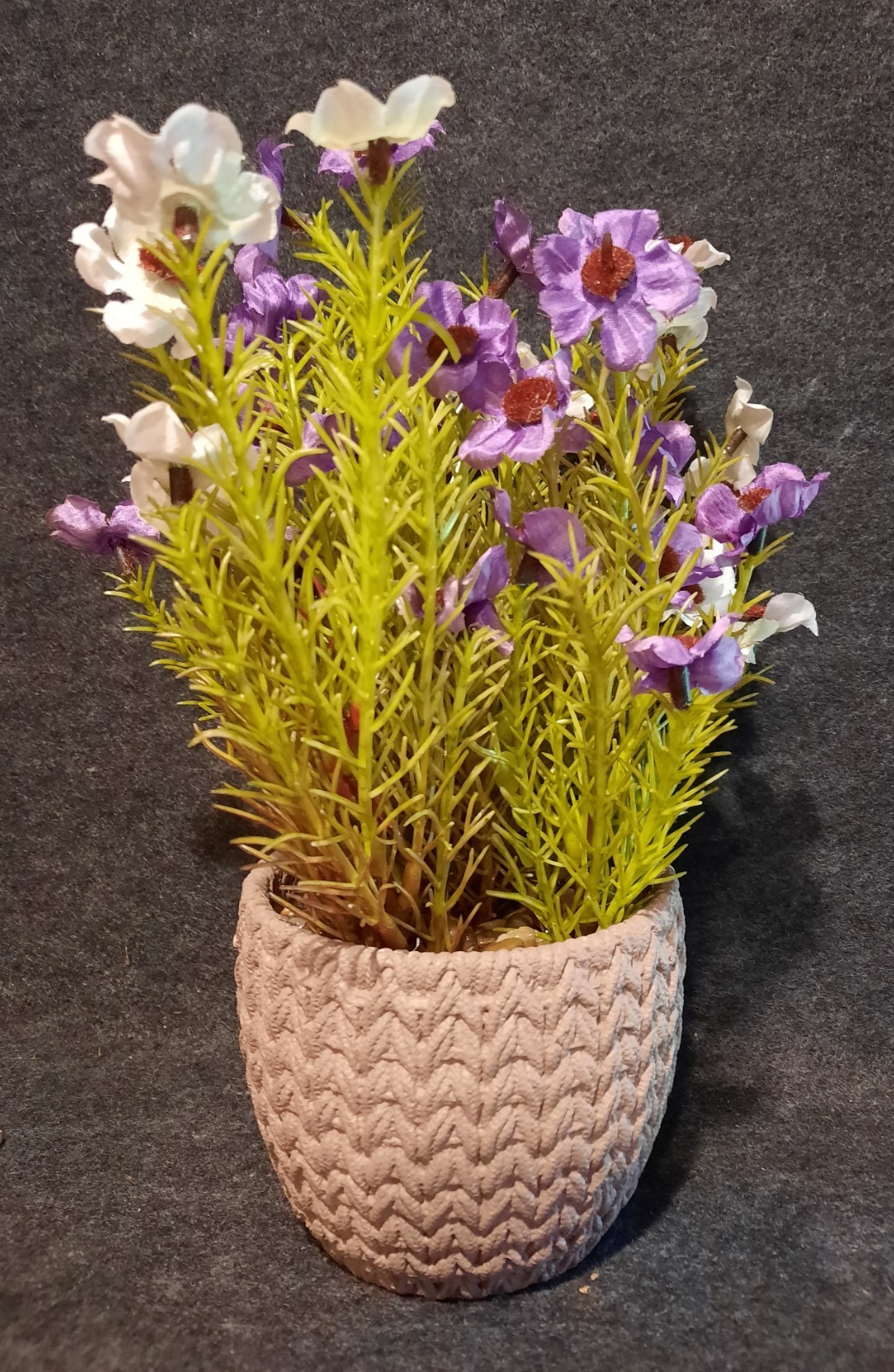 Dainty Faux Purple & White Flowers & Greenery In Woven Design Resin Flower Pot!