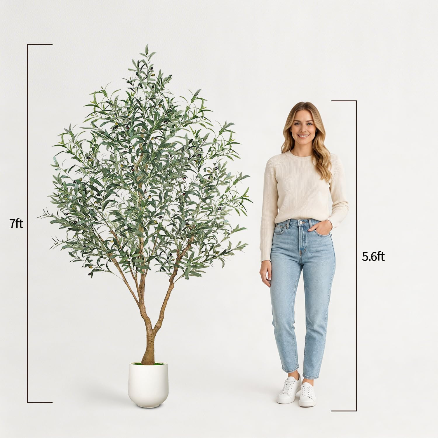 Olive Trees Artificial Indoor, 7FT Tall Faux Olive Tree with White Tall Planter,