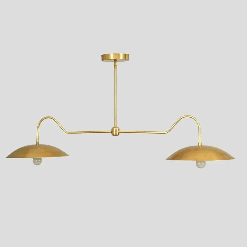 Linear Double Shade Brass Chandelier, Italian Style Mid Century Modern Brass Cei