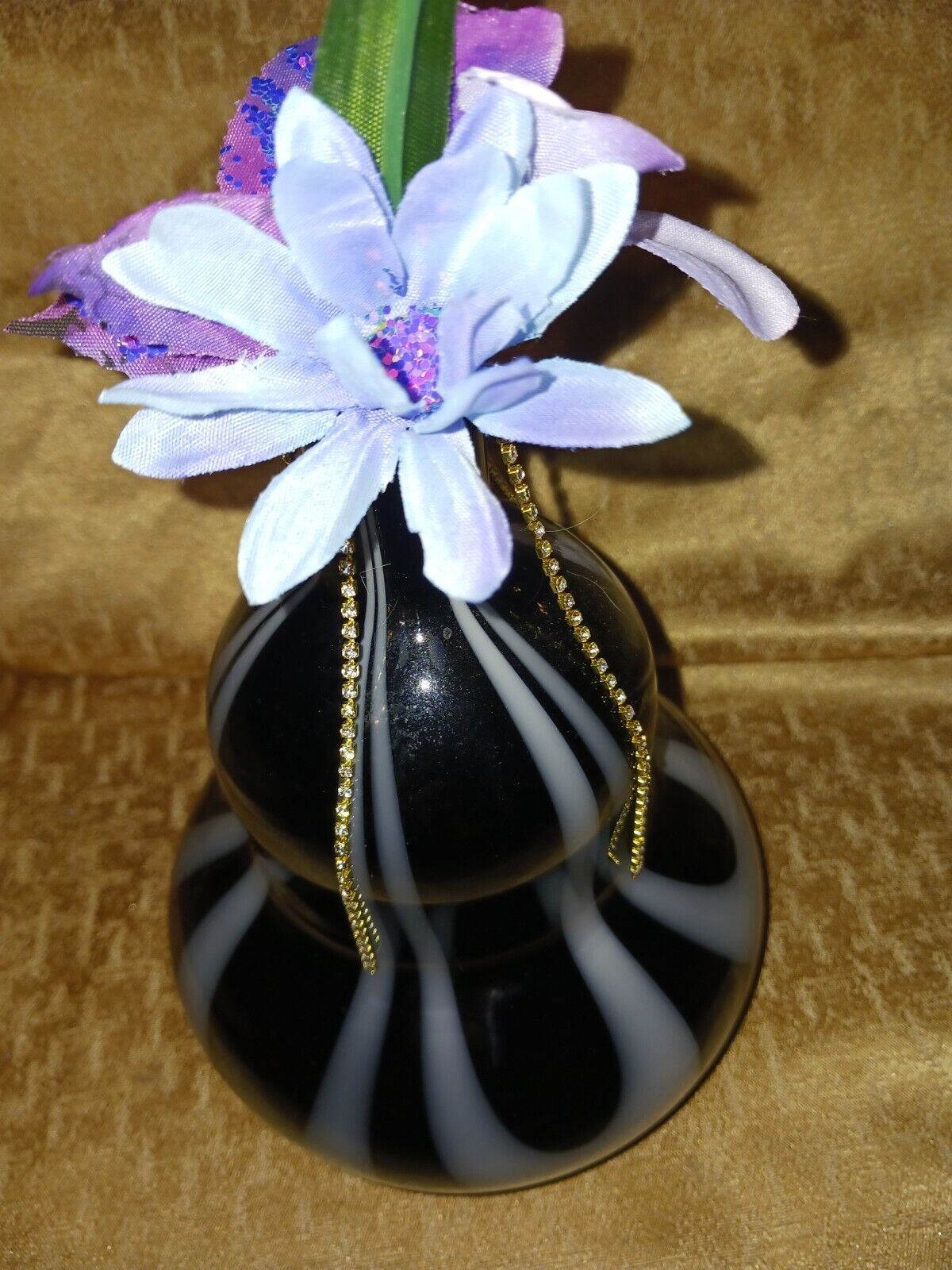 Artificial Flower Arrangement With Vintage Black & White Glass Vase Art Deco
