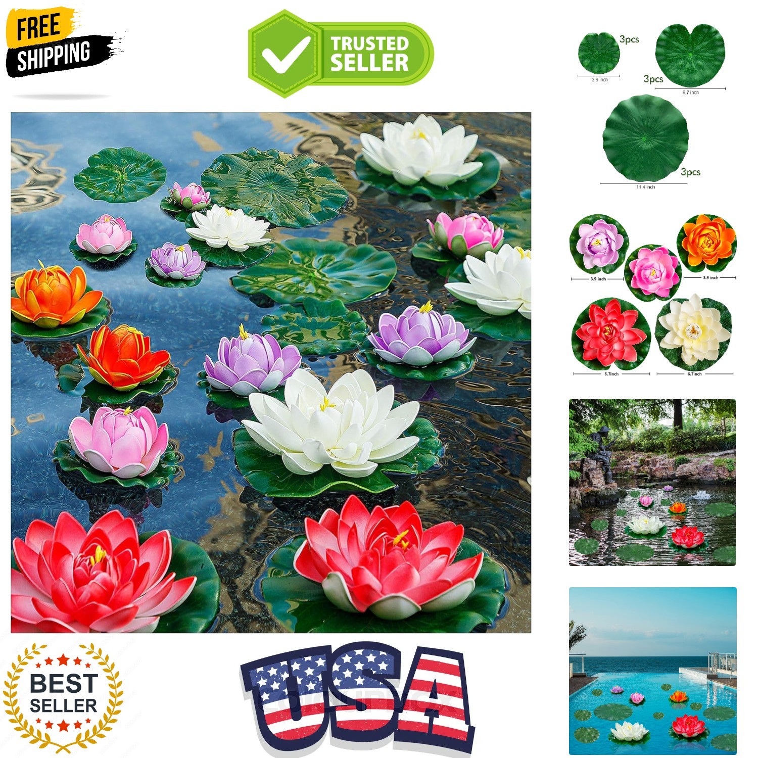 Artificial Lily Pads for Pond, 11in & 6in Artificial Flowers Floating Foam Lo…