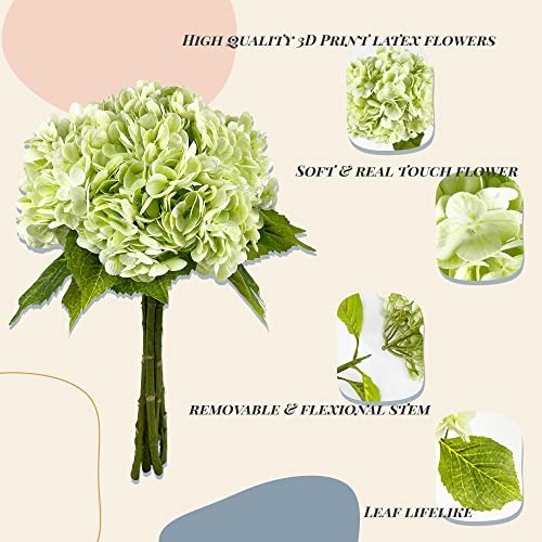 21In Light Green Artificial Hydrangea Flowers – 5 Pcs Real Touch Latex for DIY D