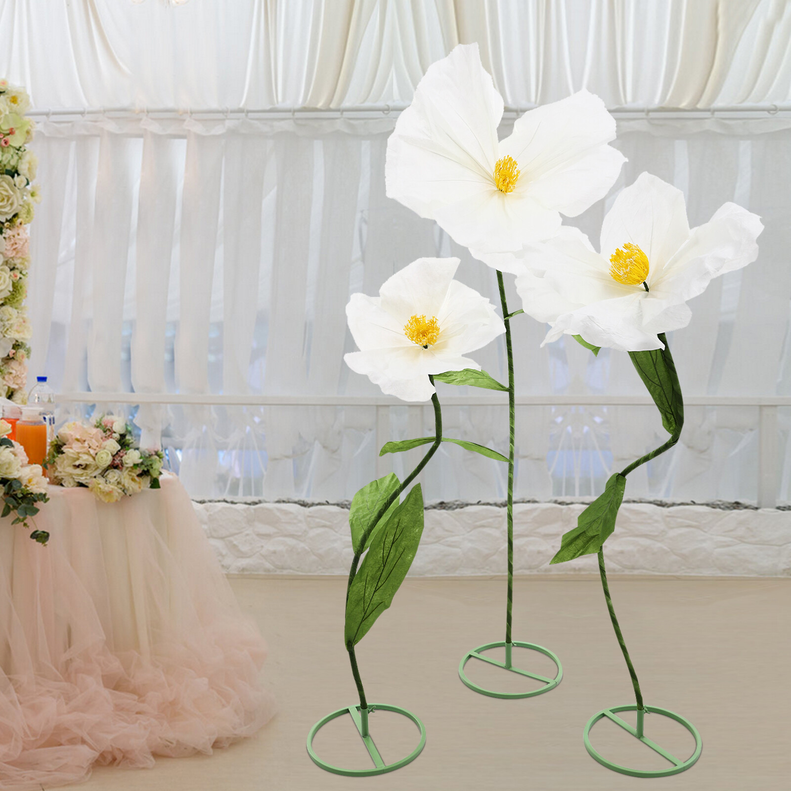 Set of 3 Artificial Flower Free Standing White Corn Poppy Decor Home Wedding