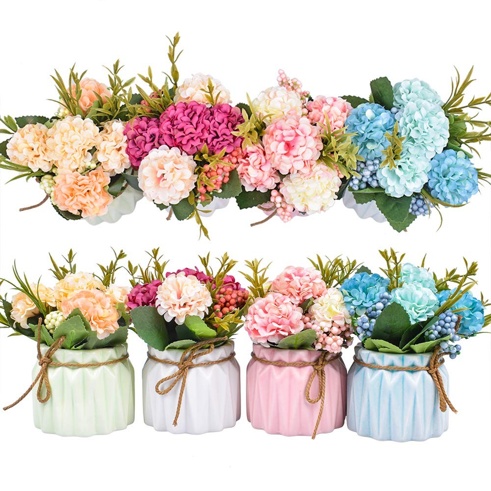 Artificial Flower Plants – Mini Fake Hydrangea Flowers in Pot for Home Decor …