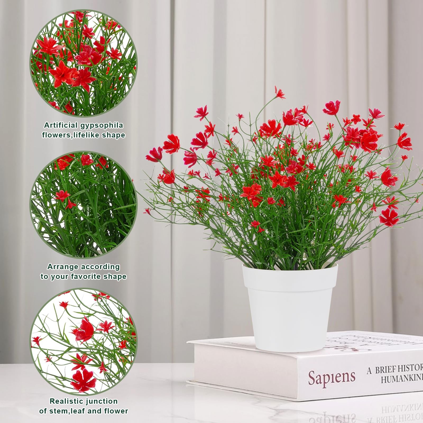 Artificial Babys Breath Potted Fake Plants Faux Indoor Home Office Decor Red